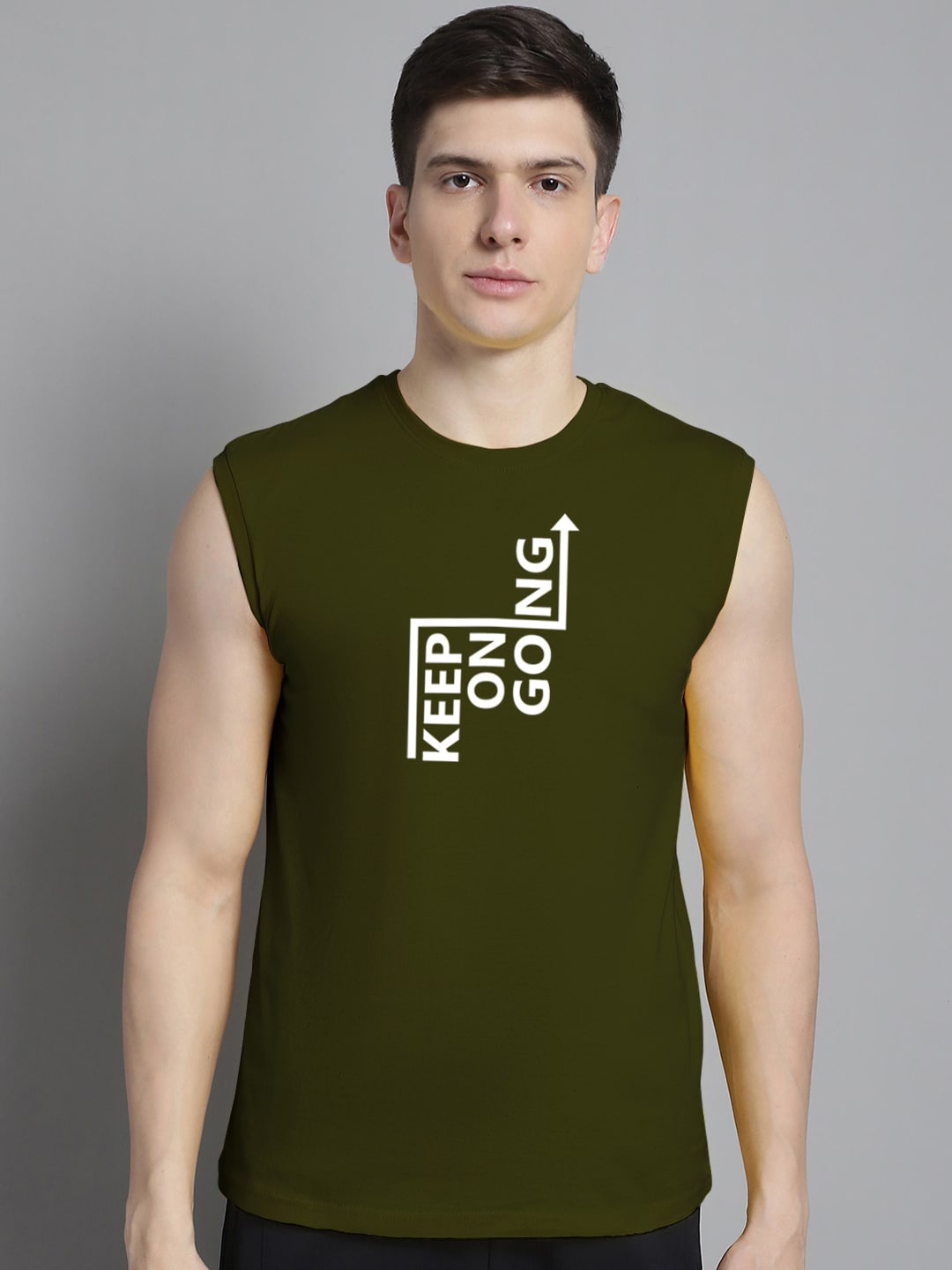 Friskers Typography Printed Sleeveless Slim Fit Pure Cotton T-shirt, Olive