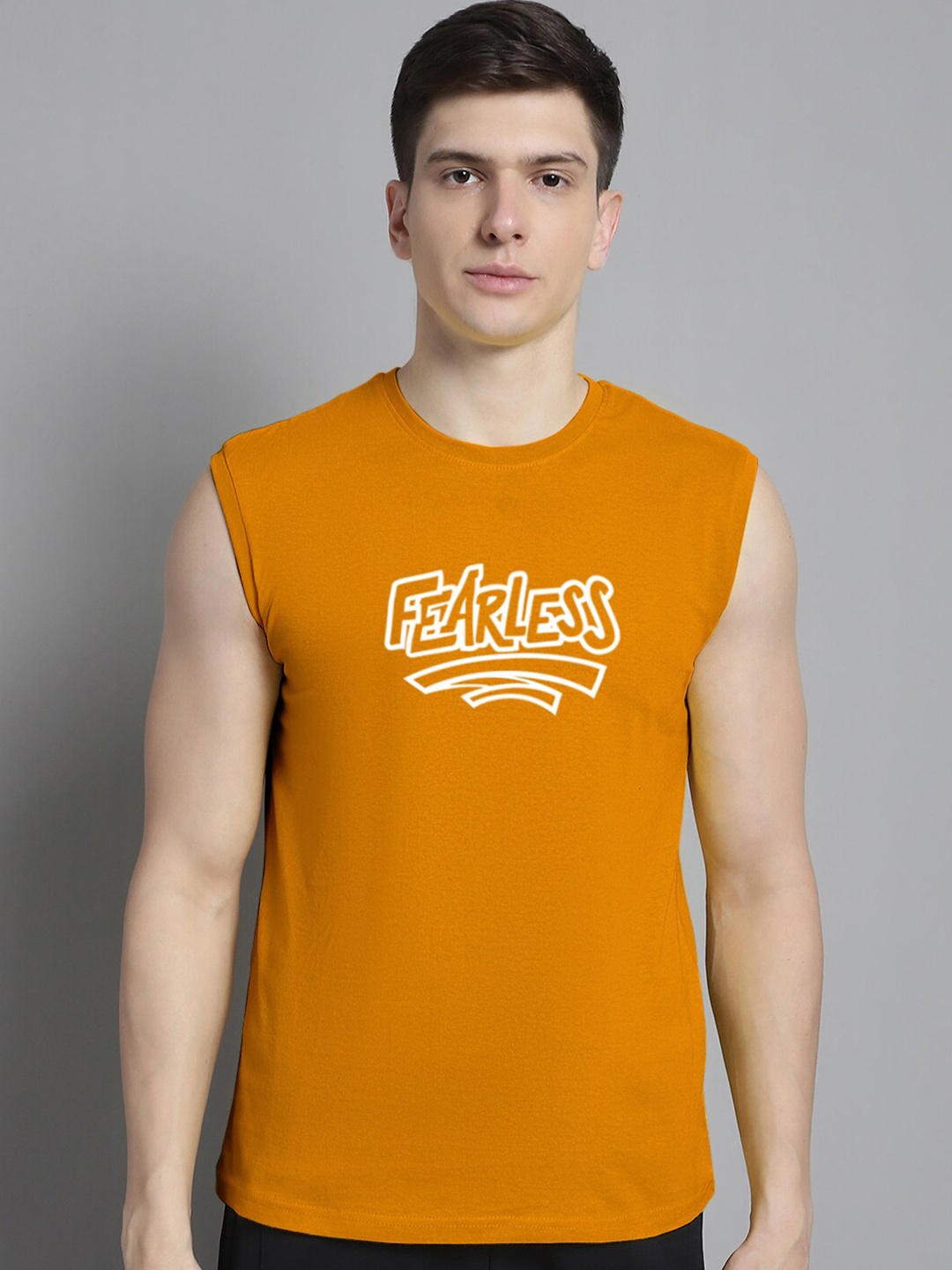Friskers Typography Printed Bio -Wash Pure Cotton Slim Fit T-Shirt, Mustard