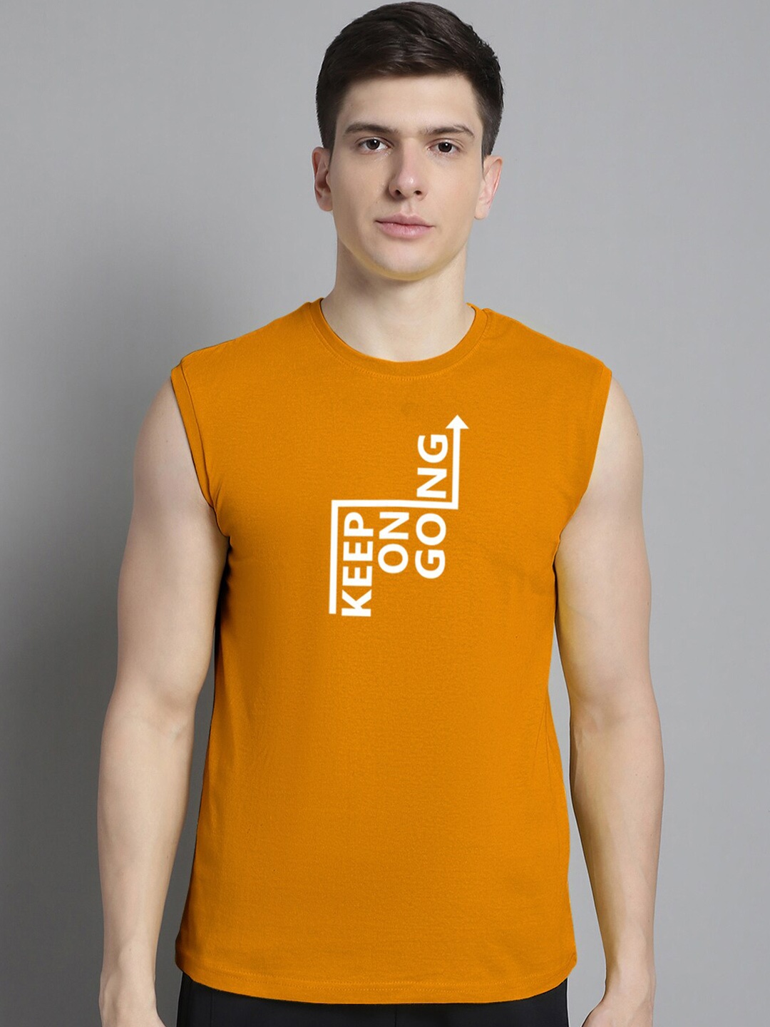 

Friskers Typography Printed Sleeveless Bio Wash Slim Fit Cotton T-shirt, Mustard