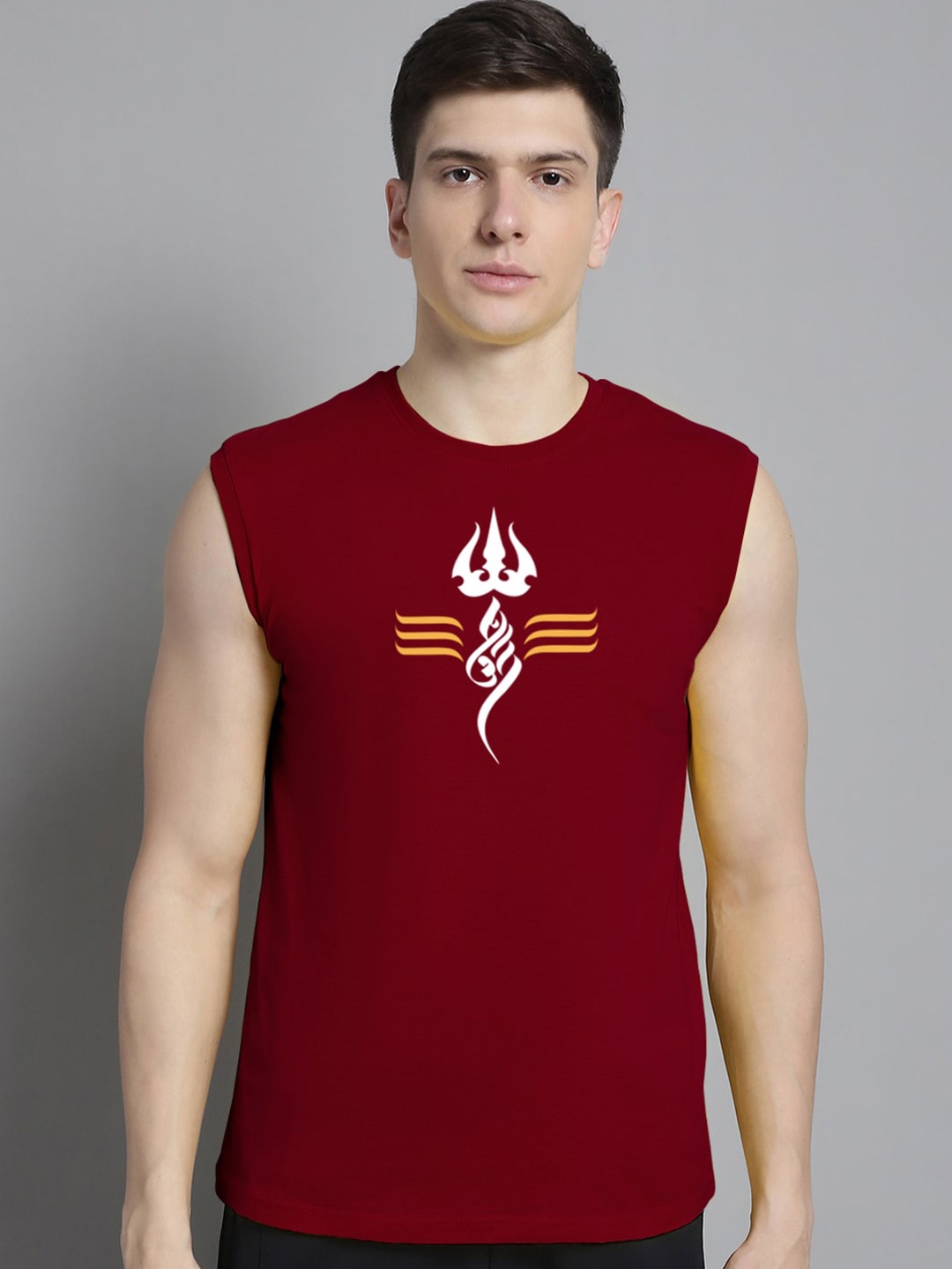 

Friskers Graphic Printed Slim Fit Sleeveless Pure Cotton T-shirt, Maroon