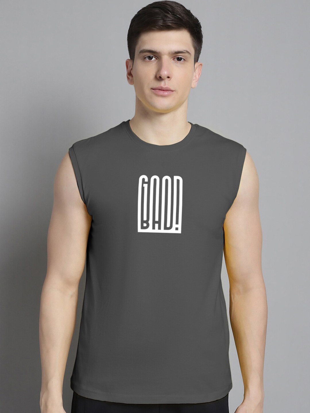 

Friskers Typography Printed Sleeveless Bio Wash Slim Fit Cotton T-shirt, Grey