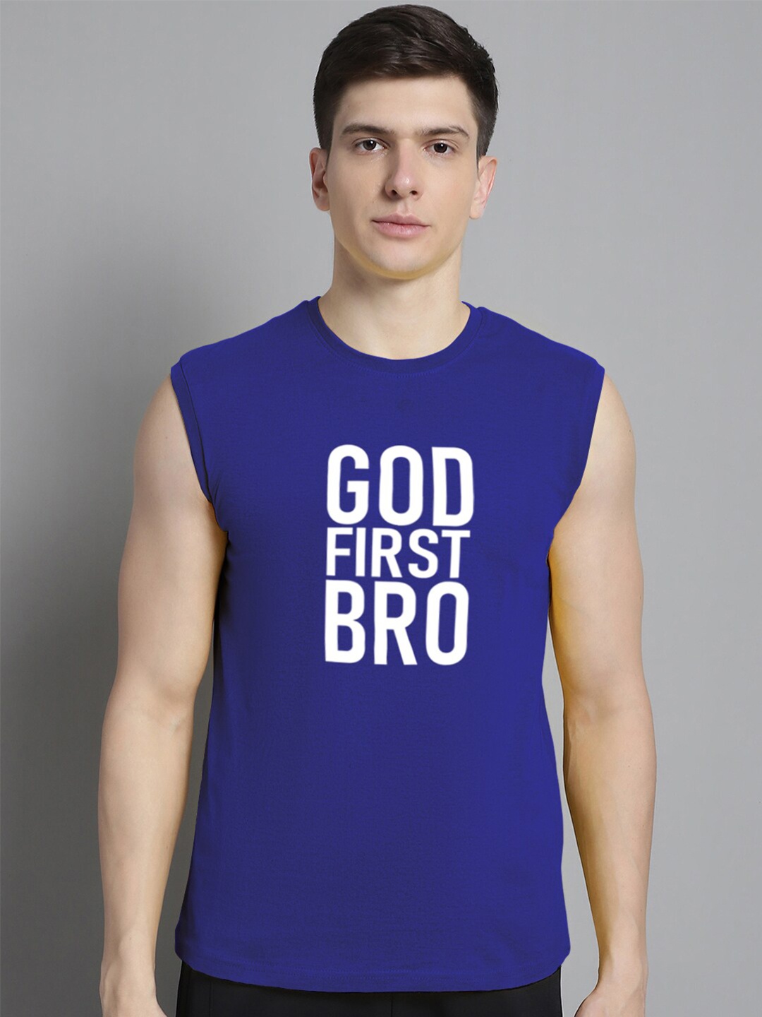 

Friskers Typography Printed Pure Cotton Sleeveless Slim Fit T-shirt, Blue