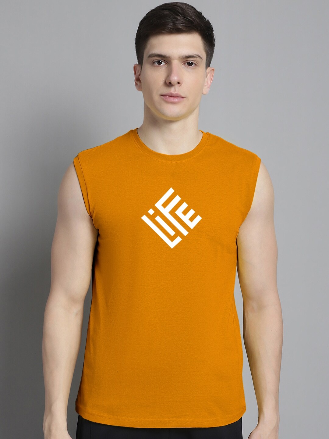 

Friskers Typography Printed Bio-Wash Slim Fit Pure Cotton Gym T-shirt, Mustard