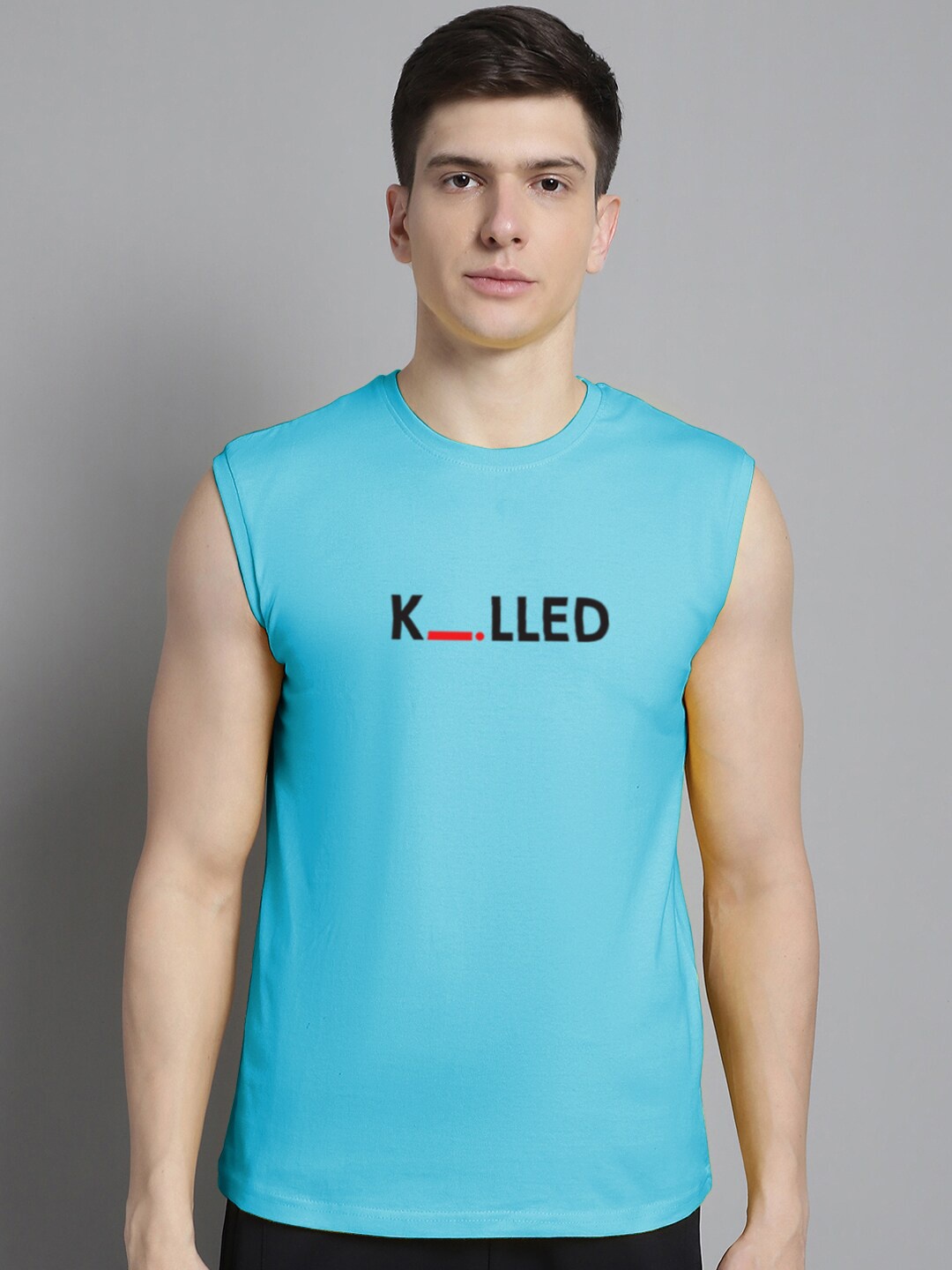 

Friskers Typography Printed Pure Cotton Sleeveless Slim Fit T-shirt, Turquoise blue