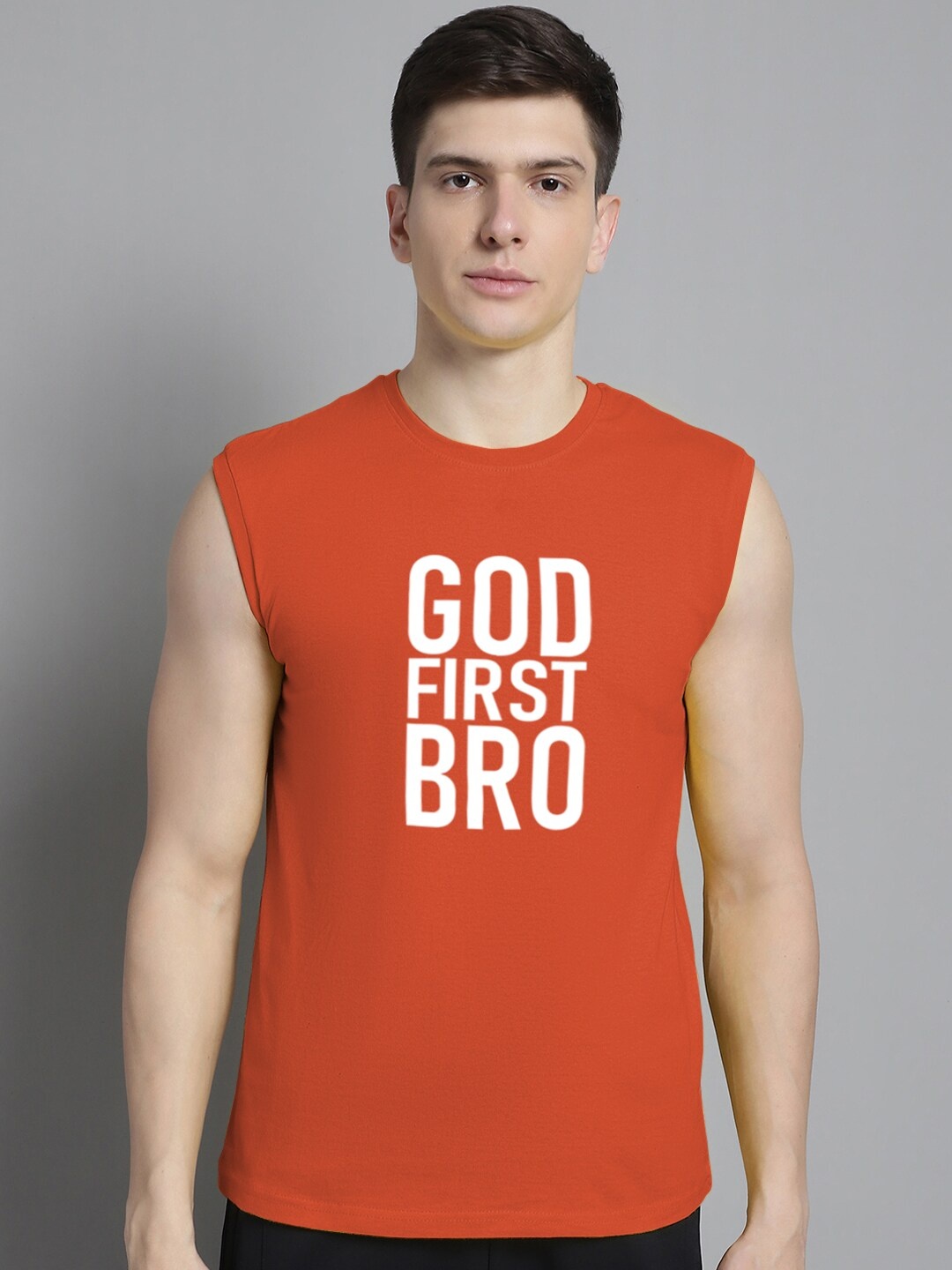 

Friskers Typography Printed Pure Cotton Sleeveless Slim Fit T-shirt, Orange