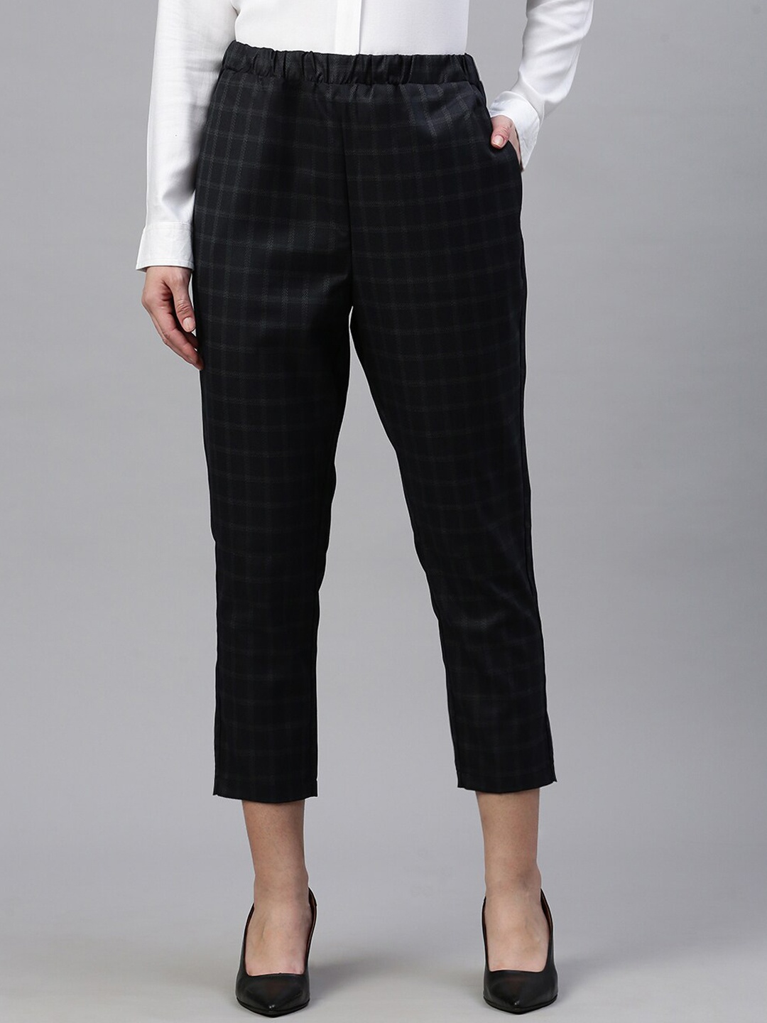 

De Moza Women Checked Mid-Rise Regular Fit Regular Trouser, Navy blue