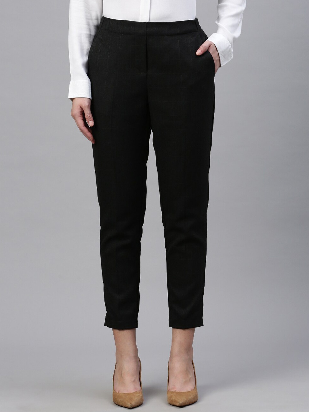 

De Moza Women Mid Rise Cropped Formal Trousers, Black