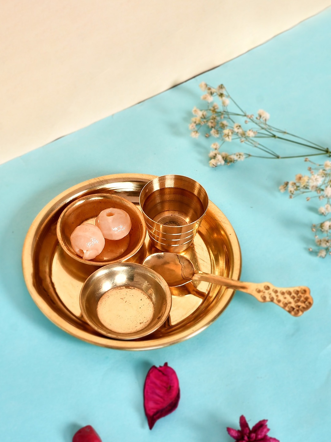 

COOPTIC 6 Pieces Gold Toned Mandir Laddu Gopal Bhog Thali Set