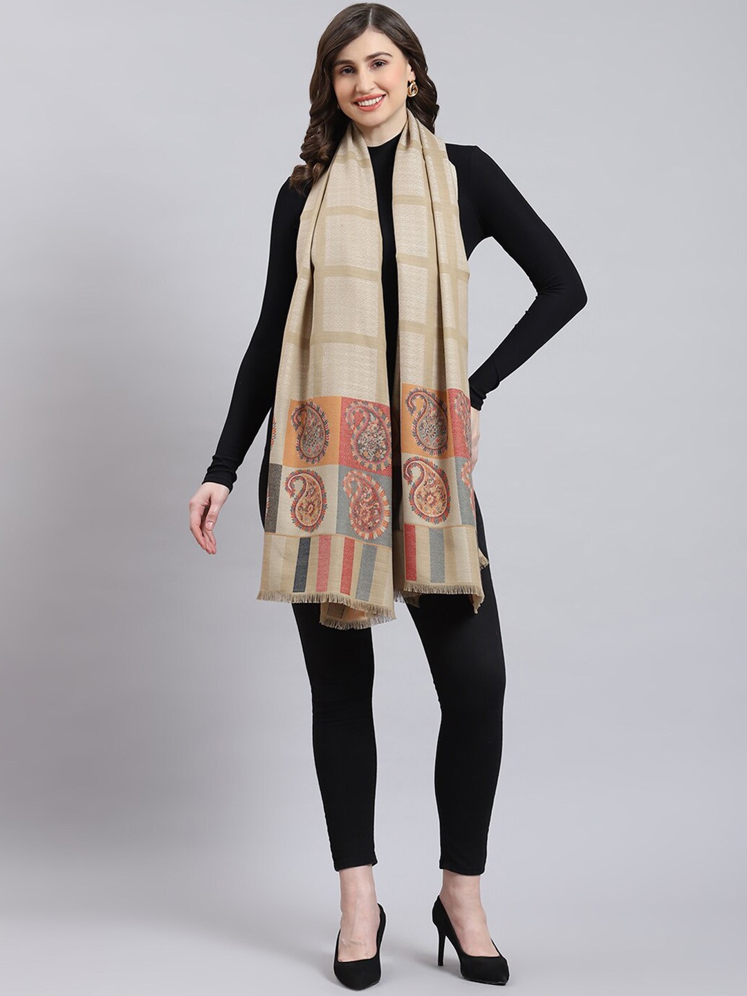 

Monte Carlo Ethnic Motif Woven-Design Shawl, Beige