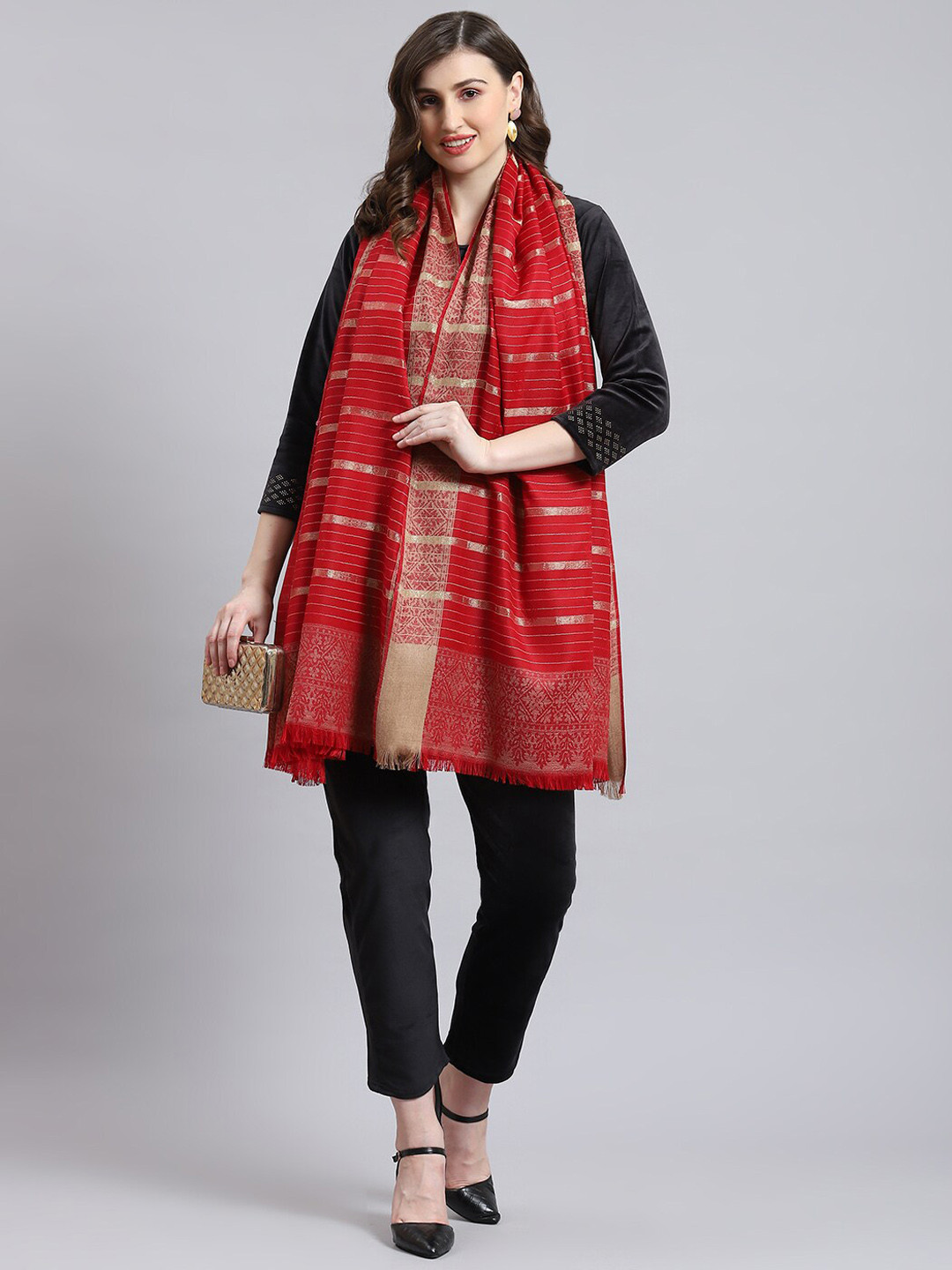 

Monte Carlo Stripes Woven Design Shawl, Red