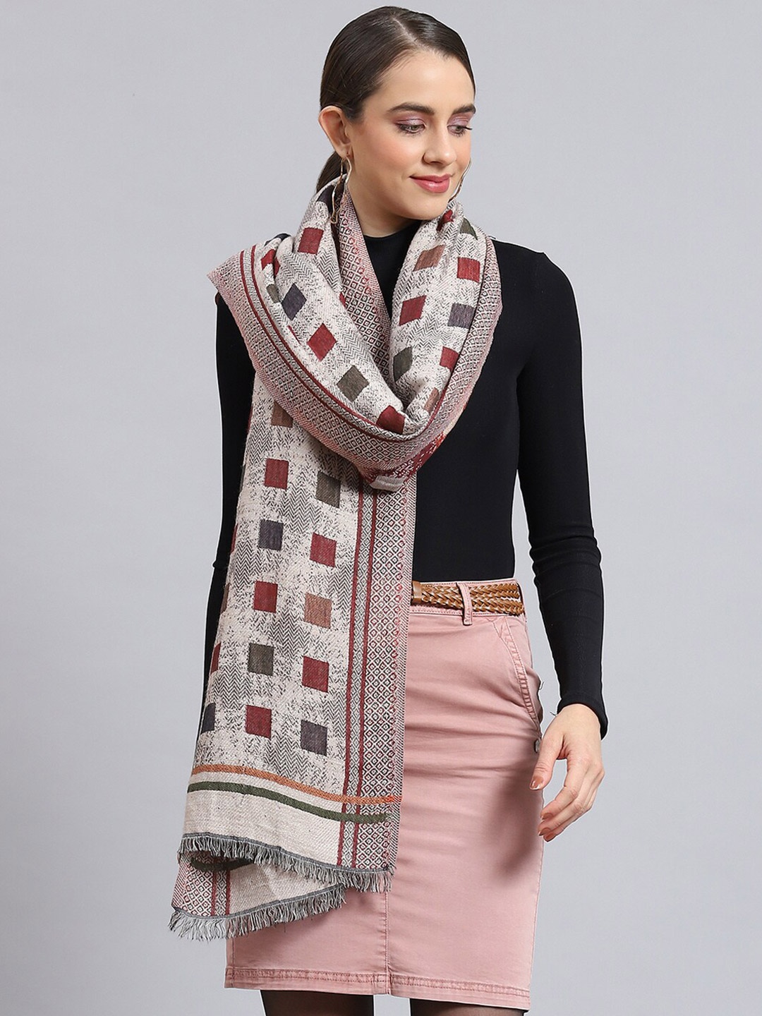 

Monte Carlo Checked Woven Design Cotton Stole, Beige