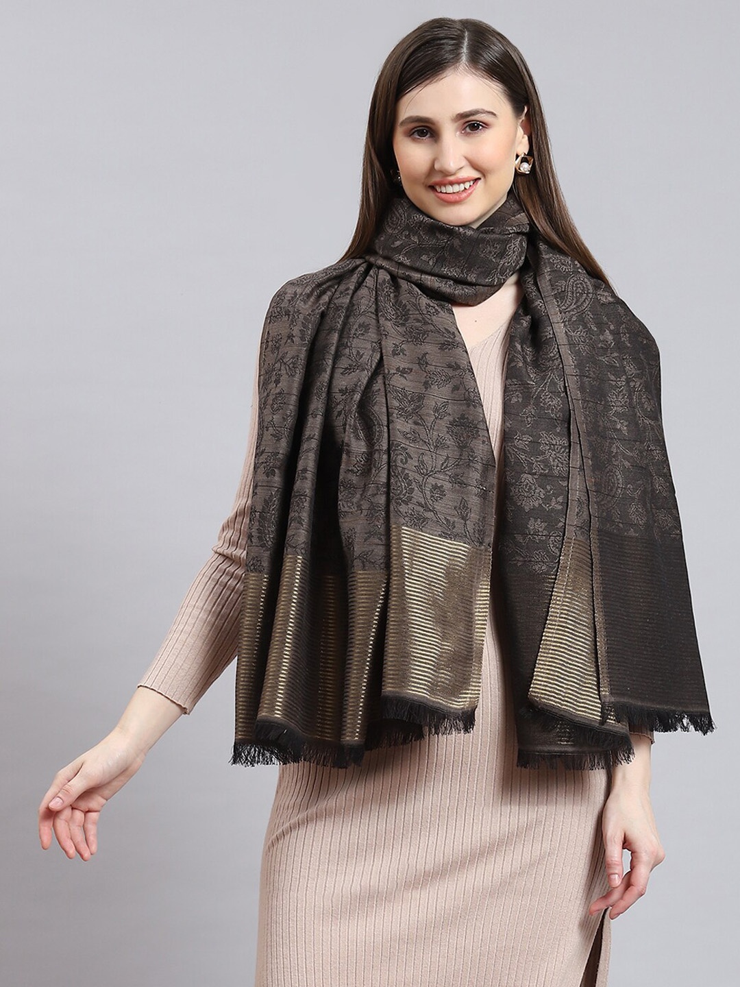 

Monte Carlo Floral Woven Design Fringed Shawls, Grey