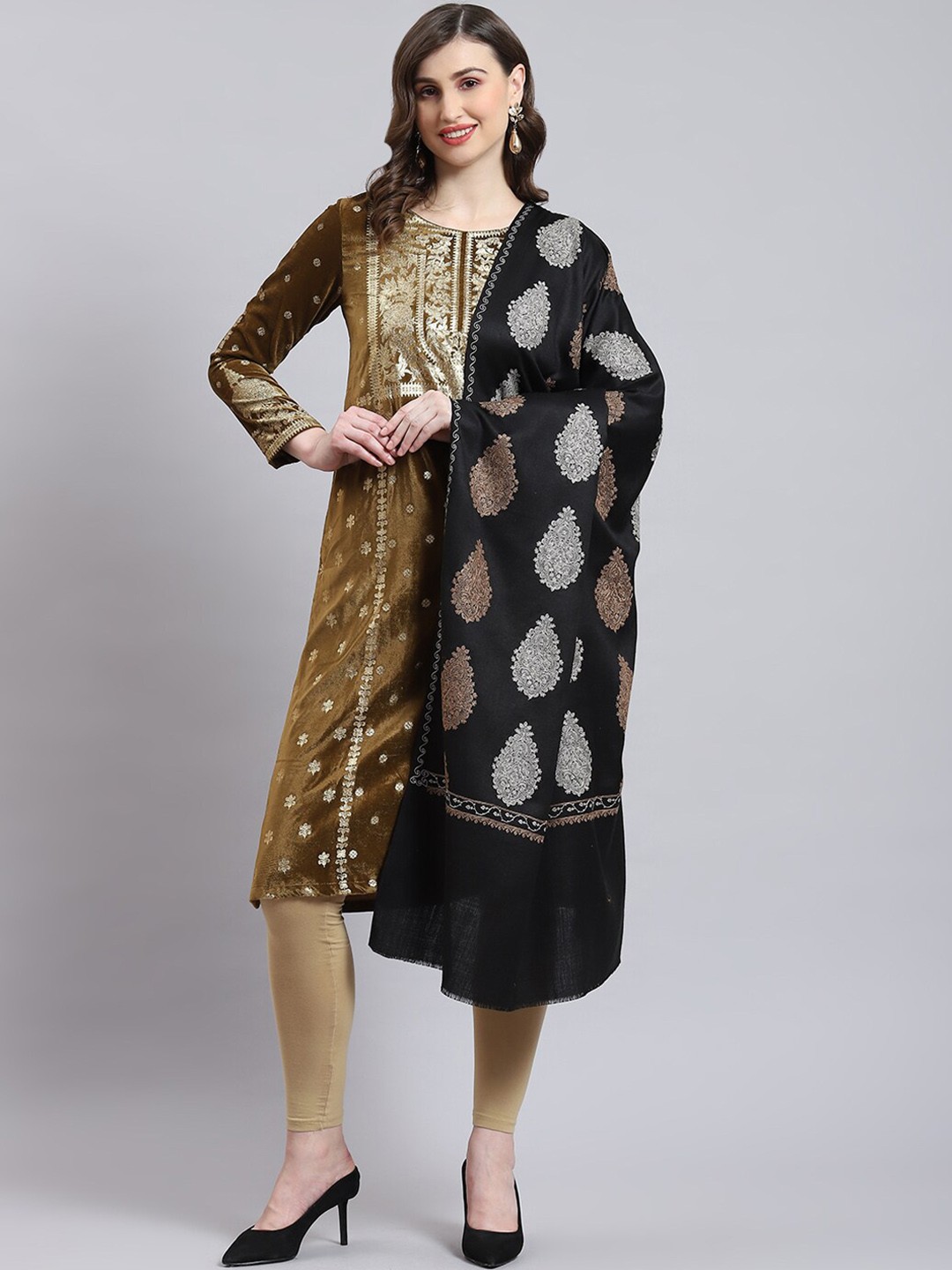 

Monte Carlo Ethnic Motifs Embroidered Shawl, Black