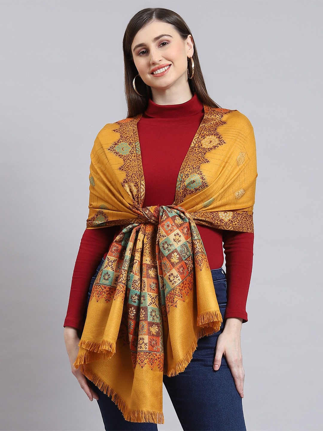 

Monte Carlo Ethnic Motifs Printed Stole, Mustard