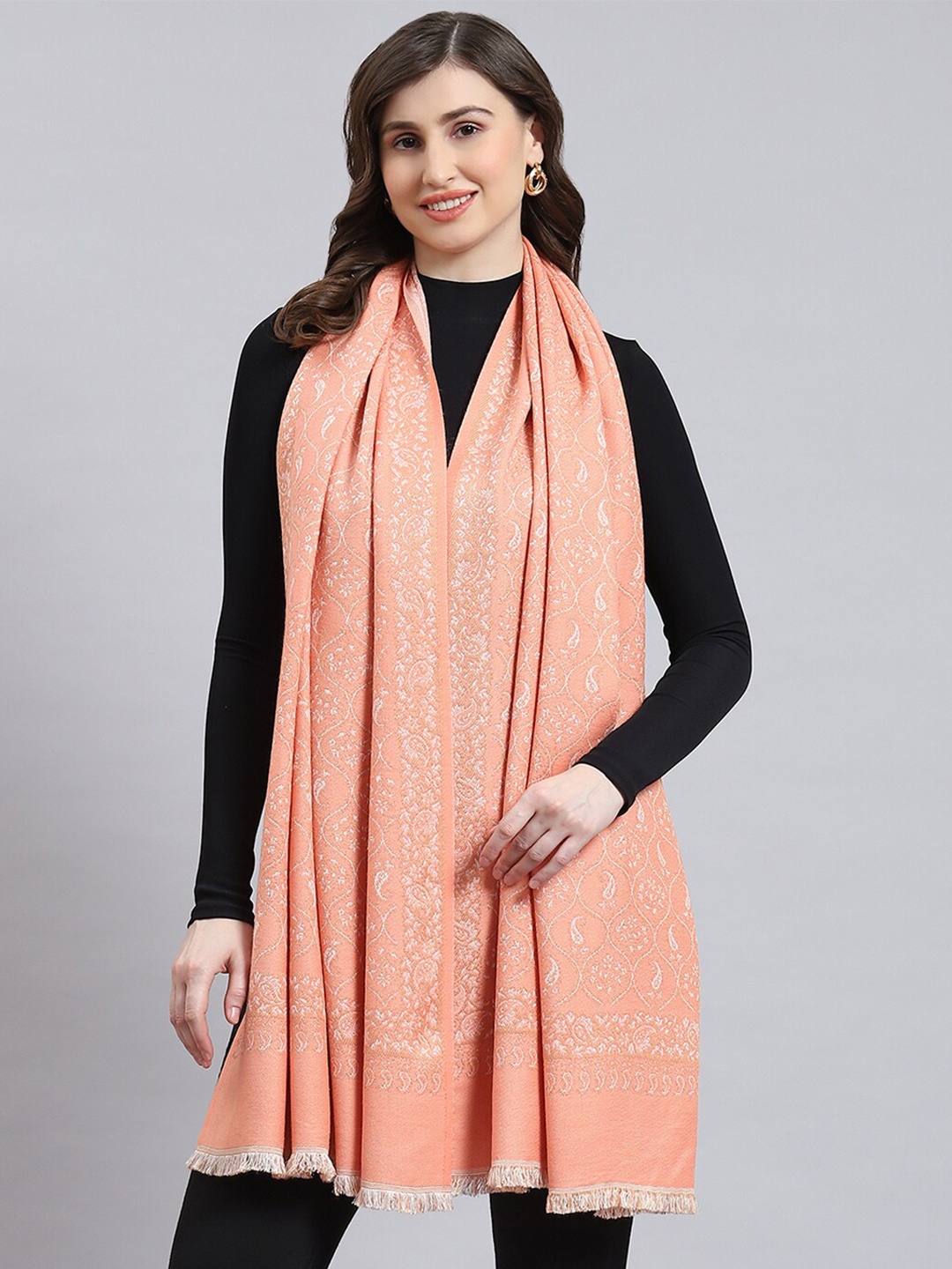 

Monte Carlo Ethnic Motifs Woven Design Fringed Stole, Peach