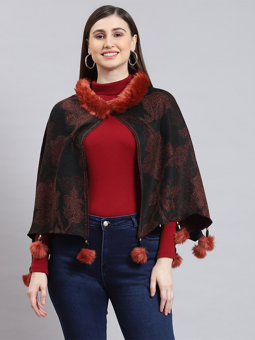 

Monte Carlo Floral Woven Design Fur Trim Stole, Brown