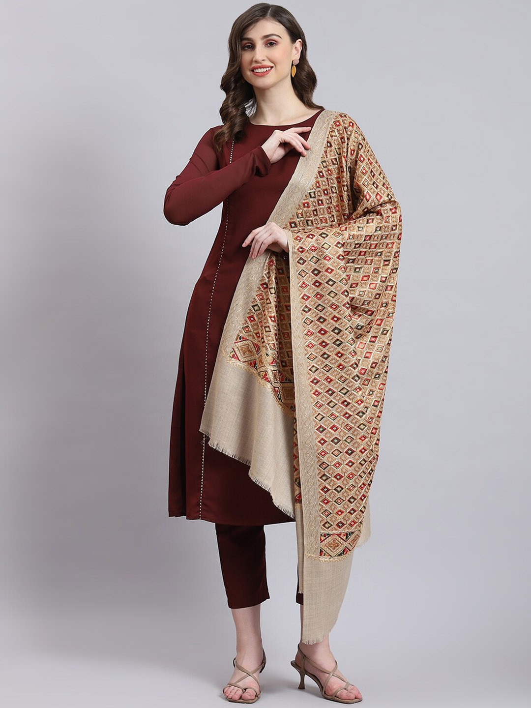 

Monte Carlo Ethnic Motifs Embroidered Shawl, Beige