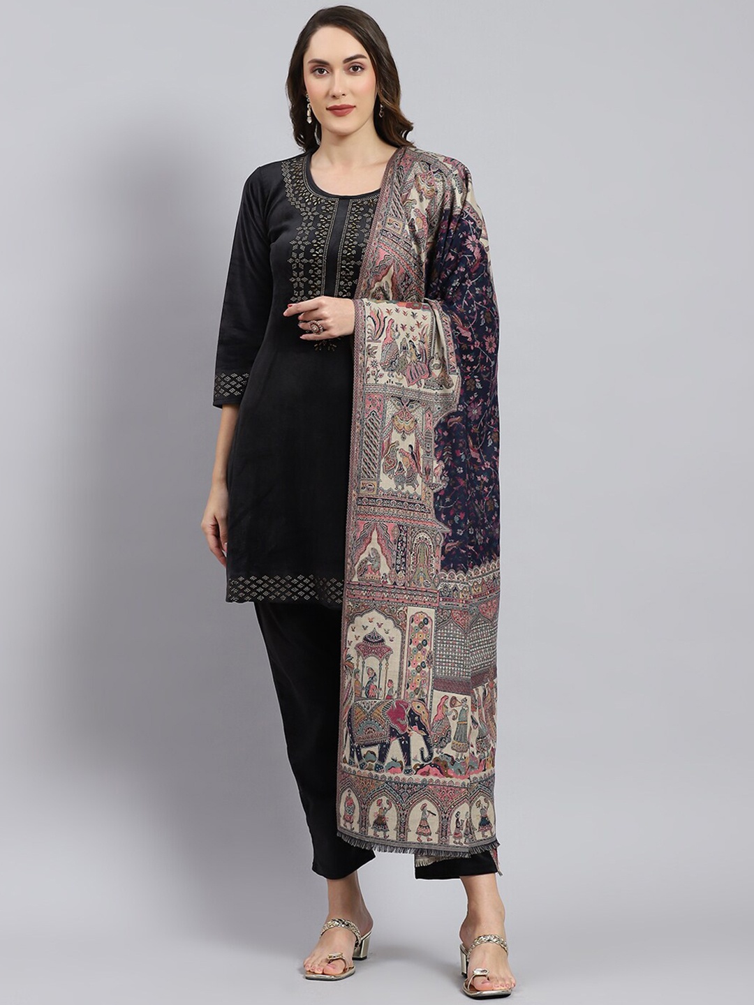 

Monte Carlo Ethnic Motifs Woven Design Shawl, Navy blue
