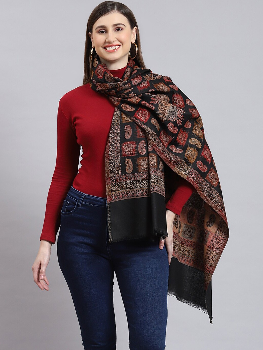 

Monte Carlo Ethnic Motifs Self Design Shawl, Black