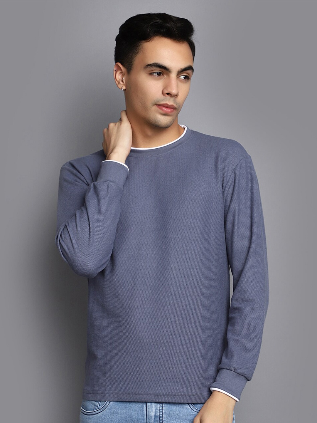 

V-Mart Round Neck Long Sleeves Cotton T-shirt, Grey