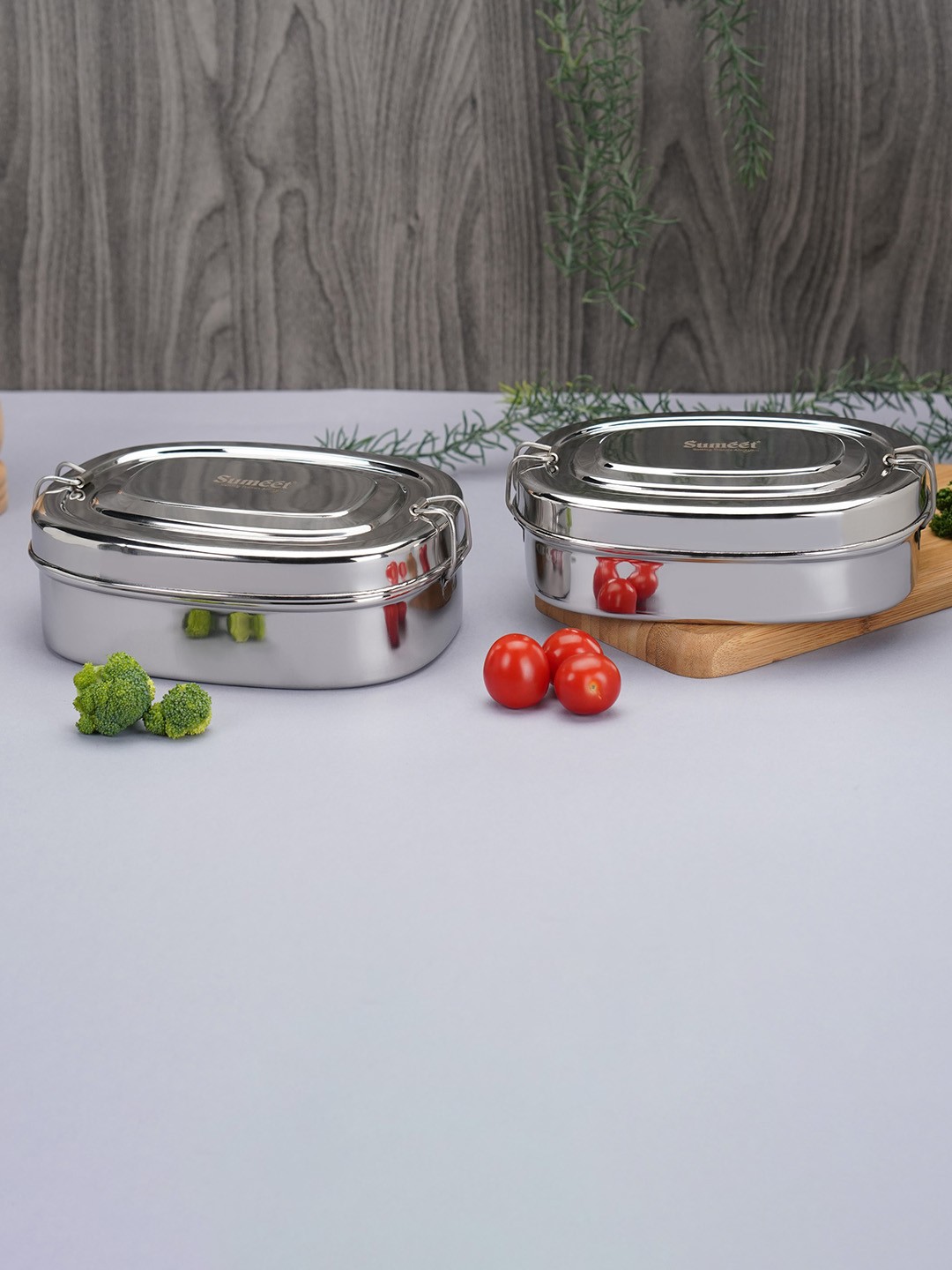 Sumeet 2 Pieces Stainless Steel Rectangle Lunch Box with 2 Compartments & Locking Clip, Silver