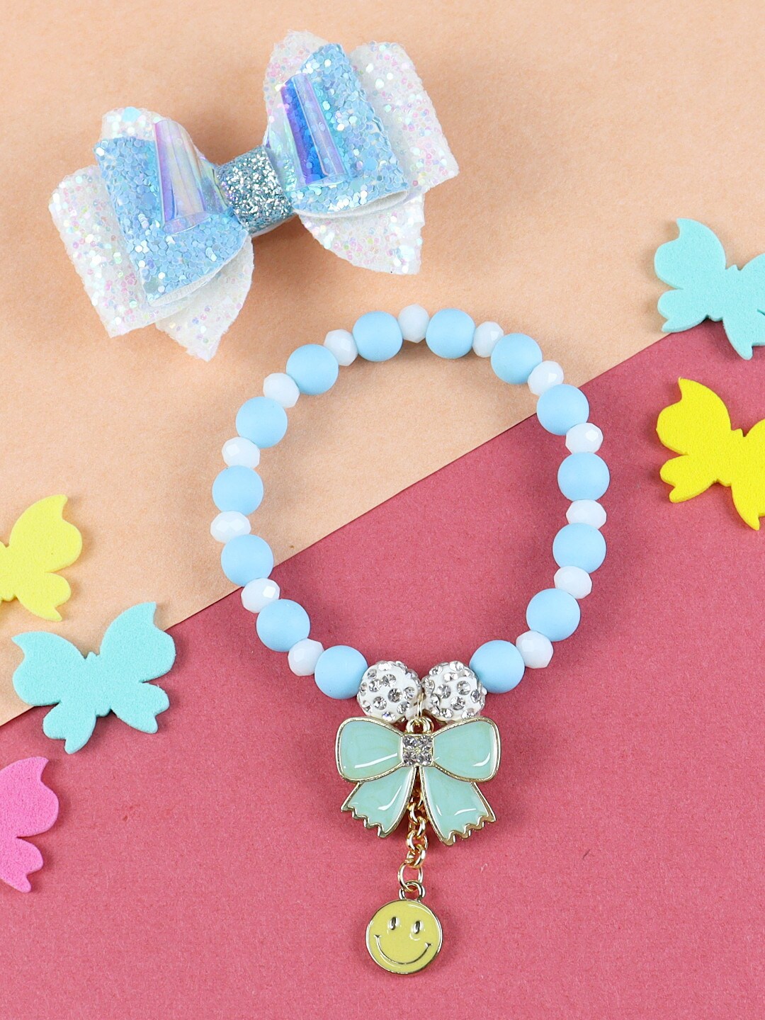 

Asthetika Kids Girls Beaded Charm Bracelet With Hair Clip, Blue