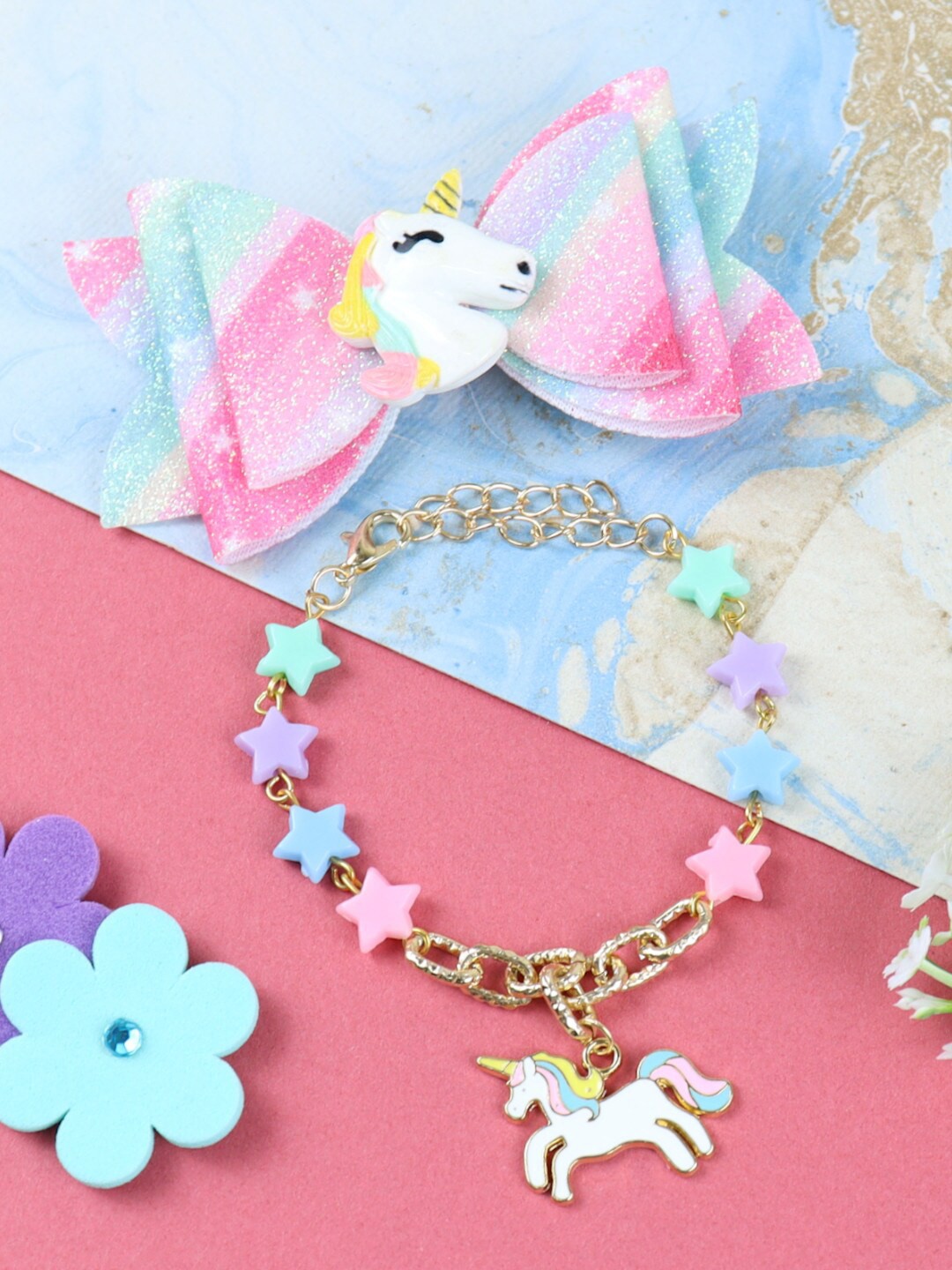

Asthetika Kids Girls Unicorn Link Bracelet With Hair Clip, Pink