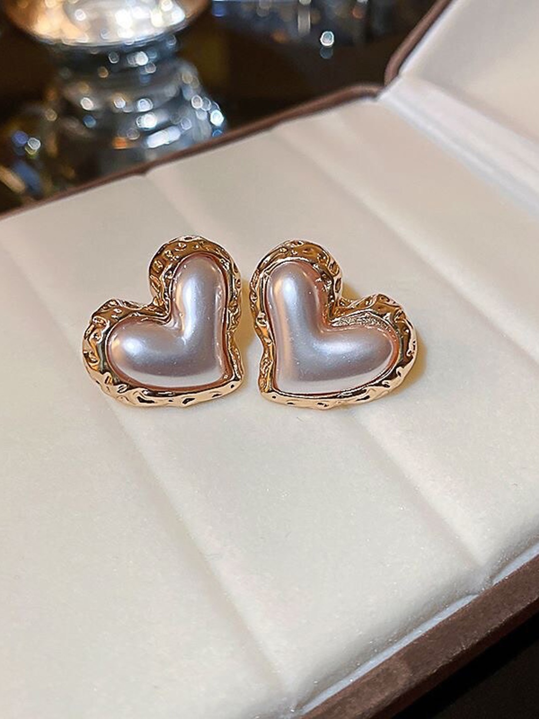 

Shining Diva Fashion Gold-Plated Beaded Heart Shaped Studs Earrings