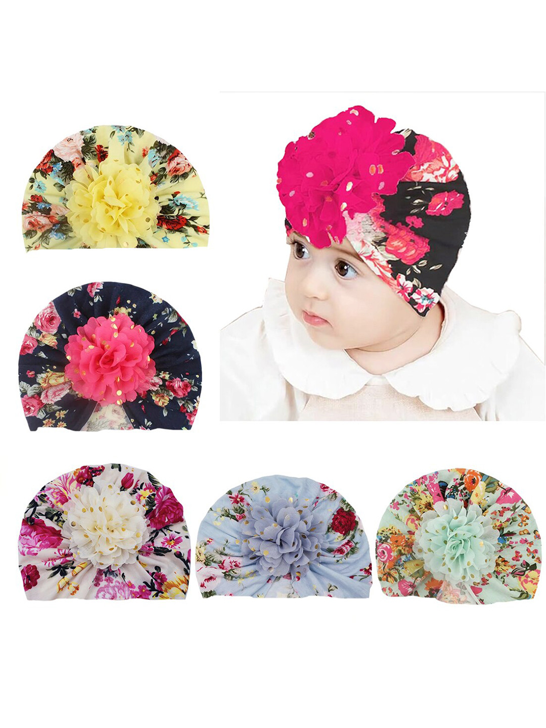 

Babymoon Inafants Kids Pack of 5 Floral Printed Woollen Beanie, Black