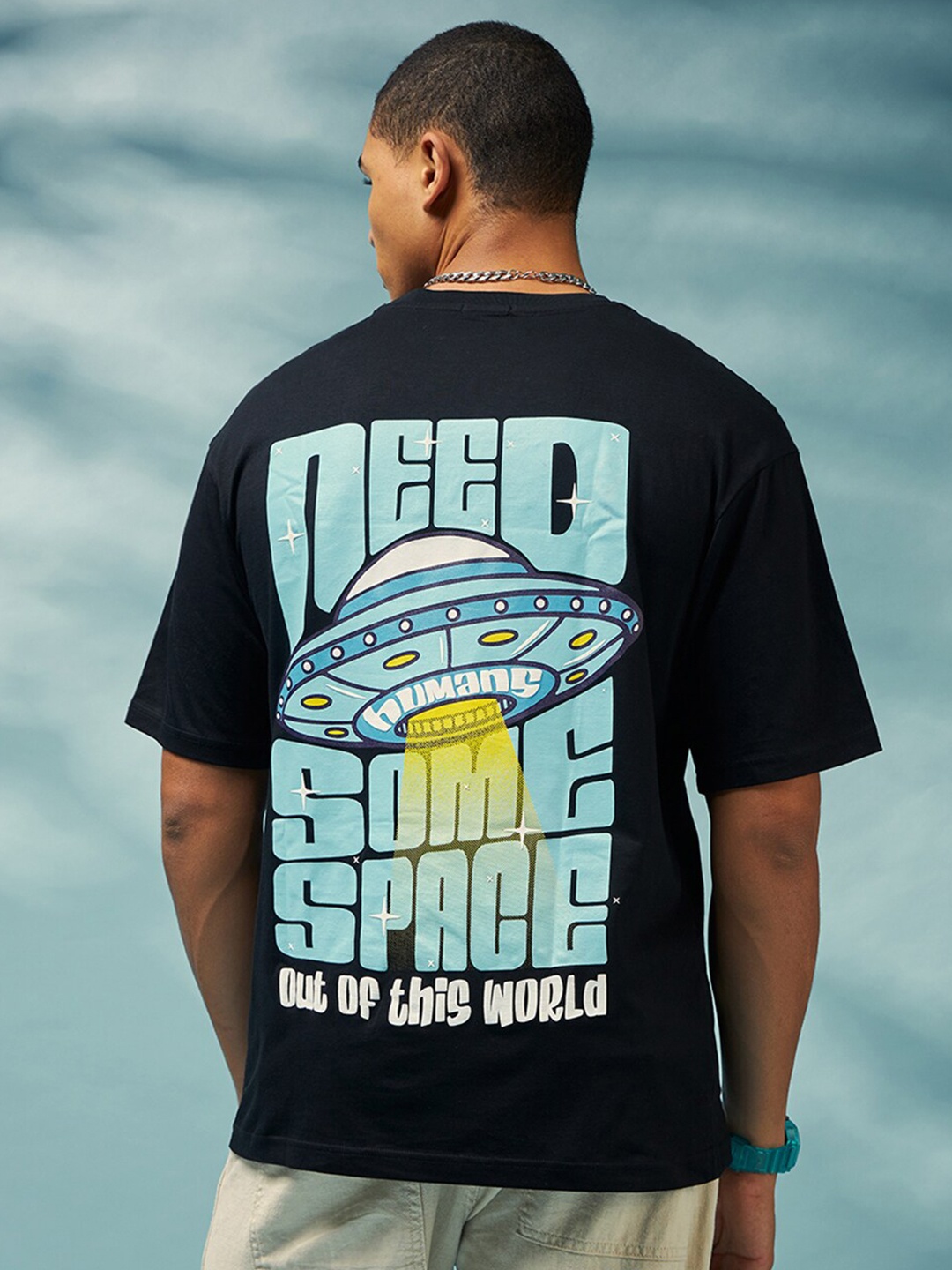 

Bewakoof Black Need Some Space Graphic Printed Cotton Oversized T-shirt
