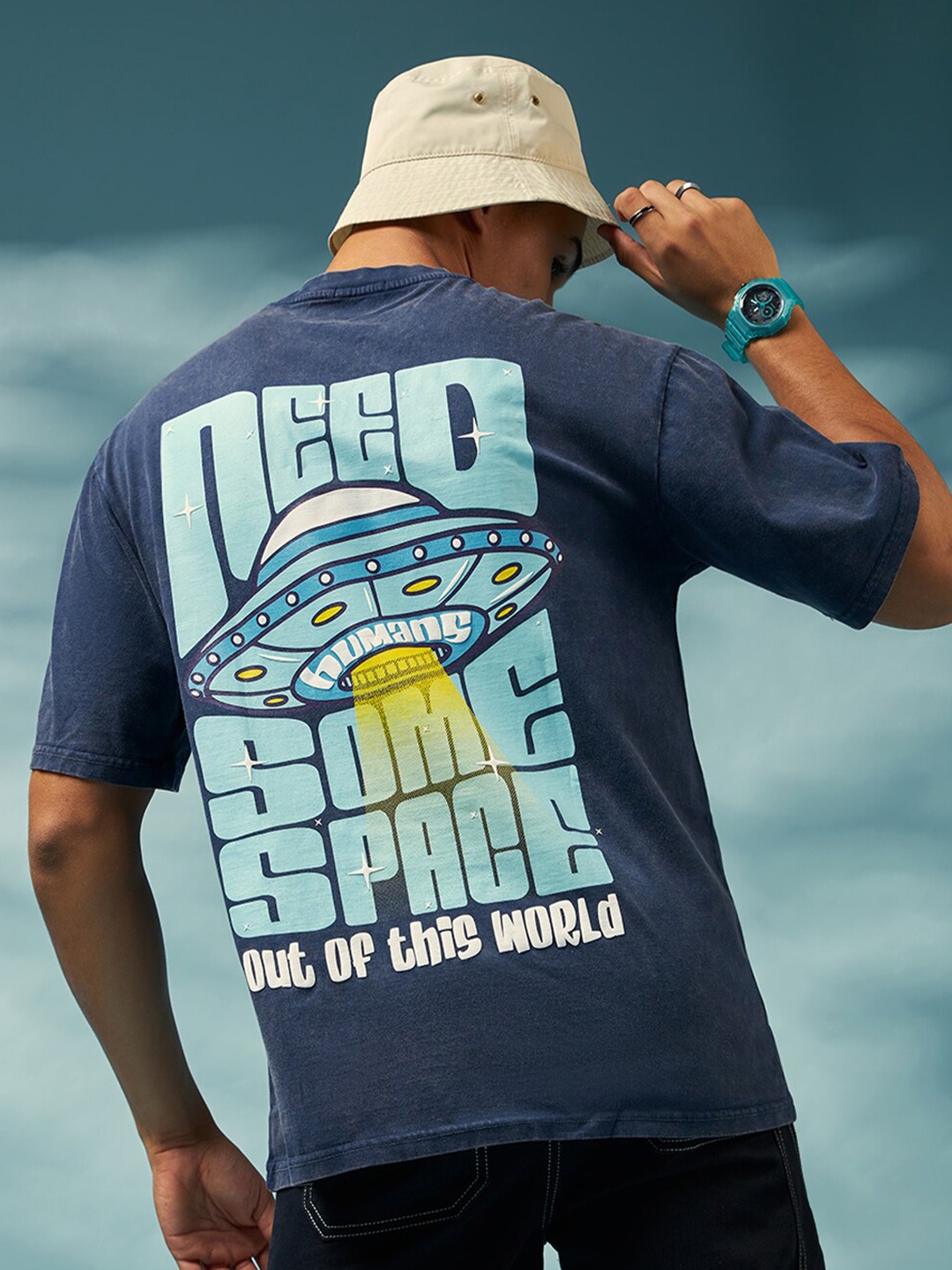 

Bewakoof Blue Typography Printed Oversized Cotton T-shirt