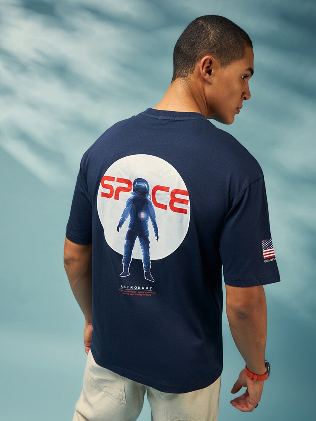 

Bewakoof Blue NASA Printed Oversized Cotton T-shirt
