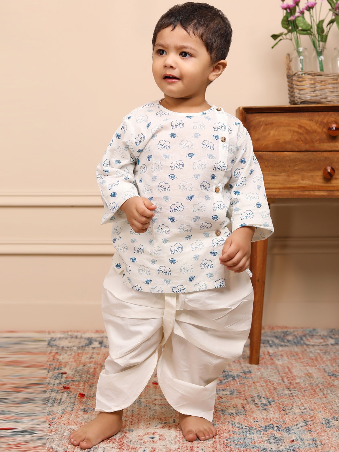 

Polka Tots Infant Boys Printed Pure Cotton Kurta with Dhoti Pants, White