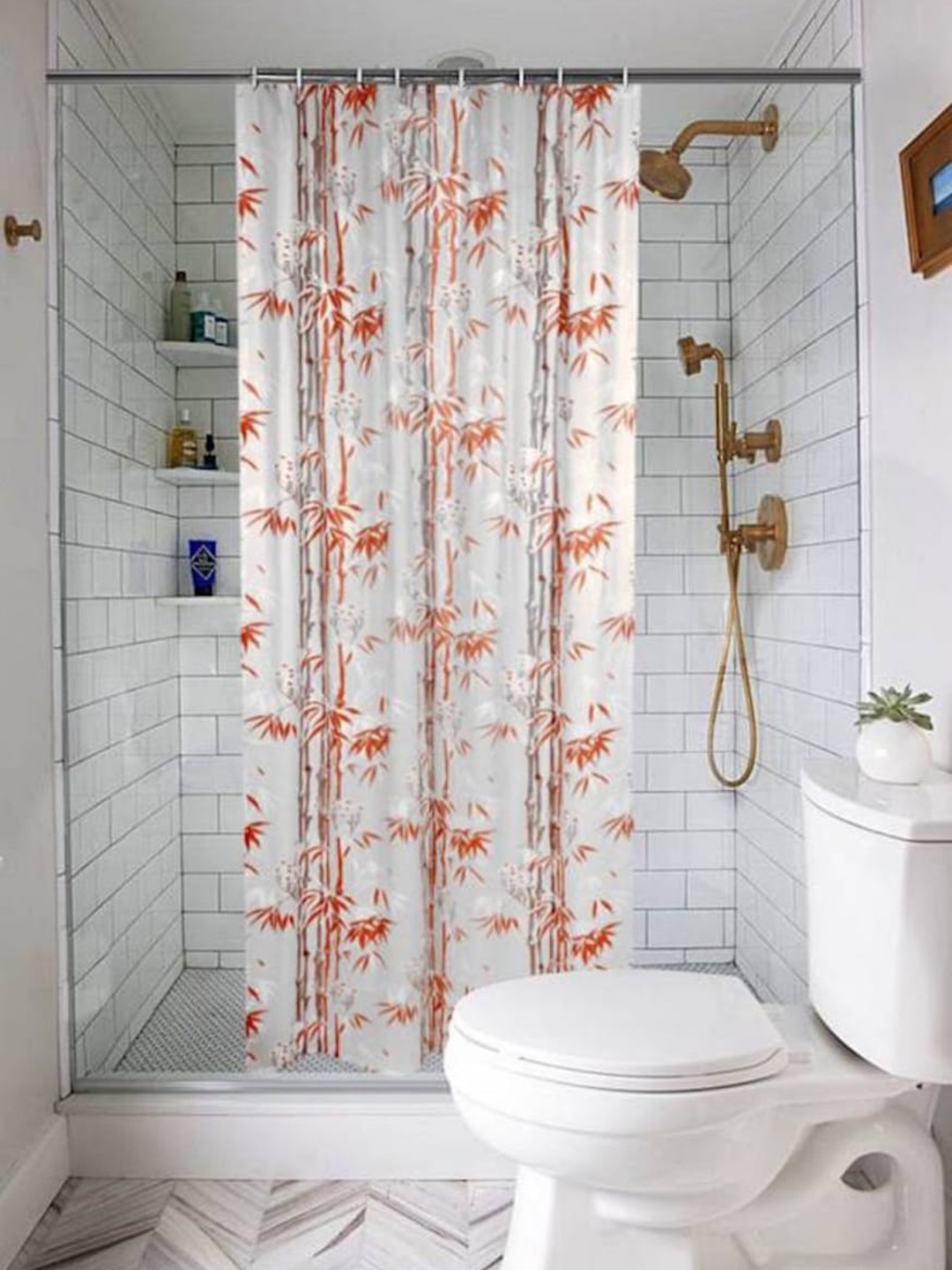 

Jinaya's White & Orange Semi Transparent Printed Shower Curtain