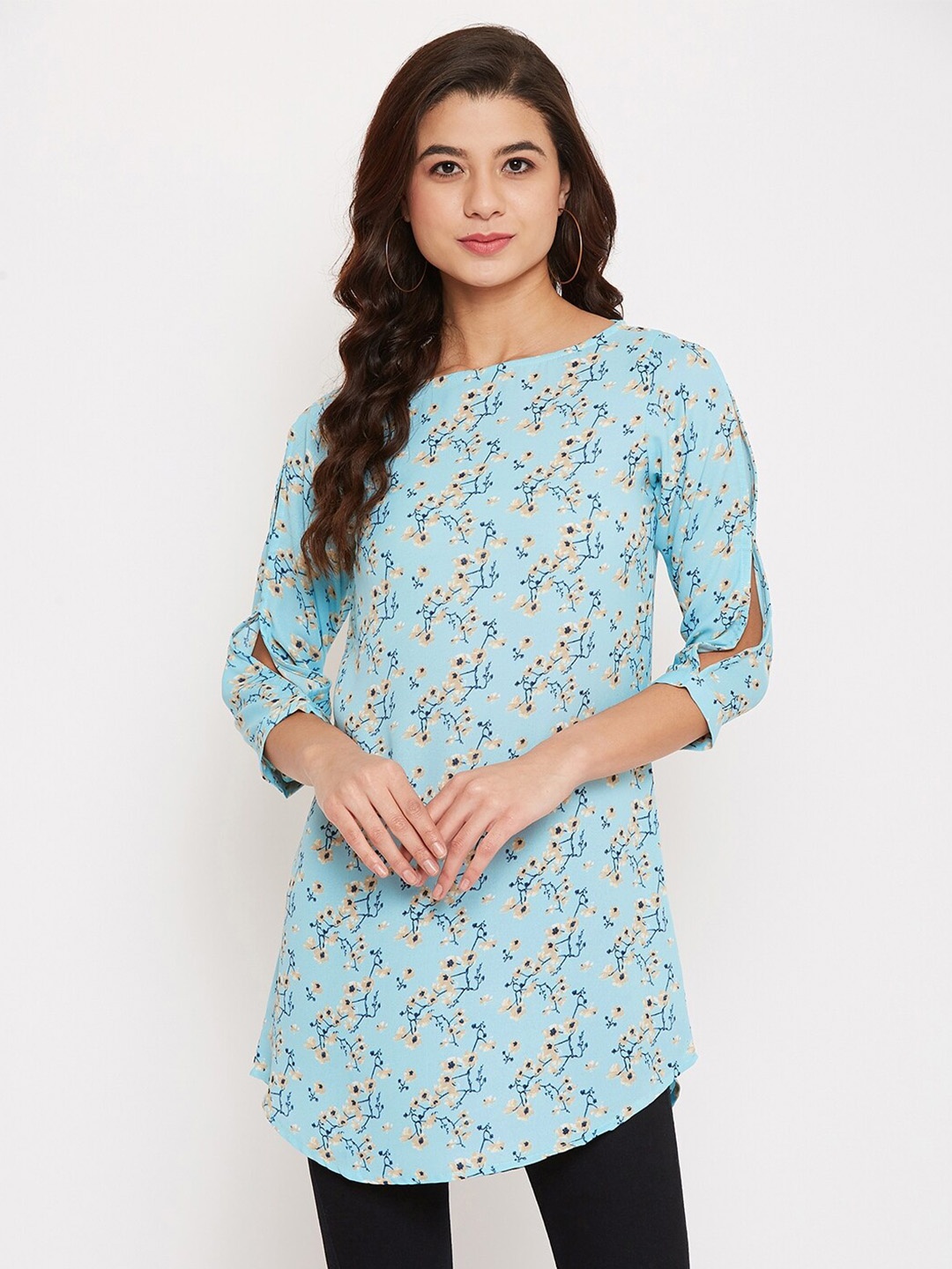 

BAESD Floral Printed Boat Neck Slit Sleeves Top, Blue