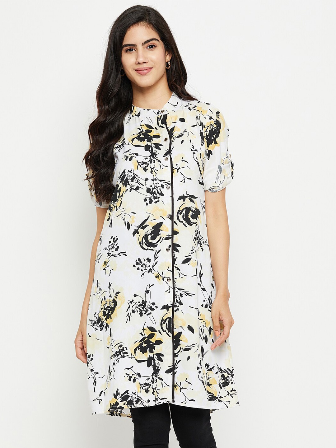

BAESD Floral Printed Band Collar Roll-Up Sleeves A-Line Kurti, Off white