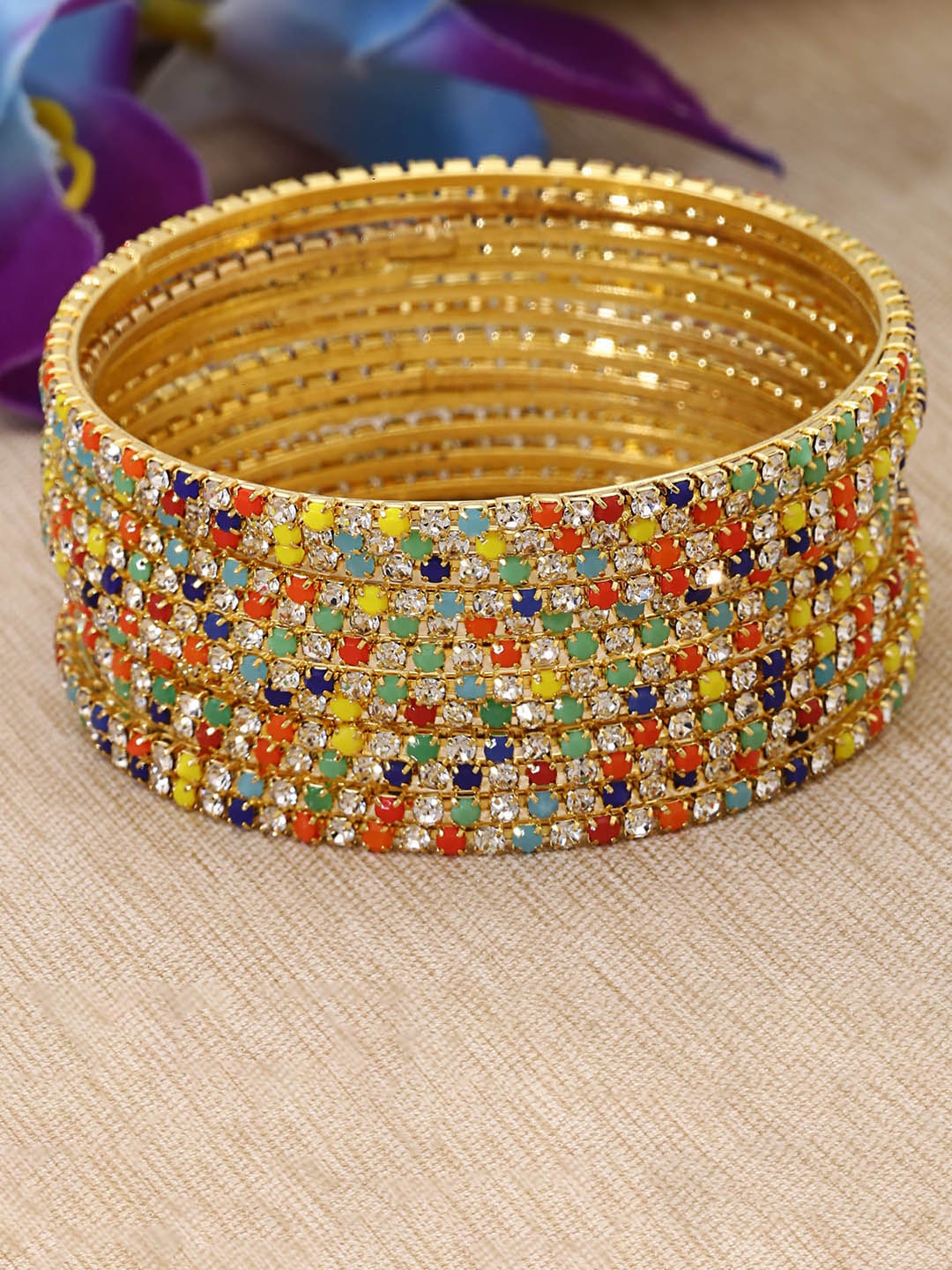 Shining Diva Set Of 12 Gold-Plated & Crystal Studded Bangle