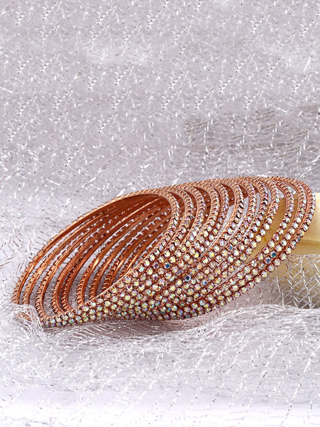 

Shining Diva Set Of 12 Gold Plated Crystal Studded Bangles, Rose gold