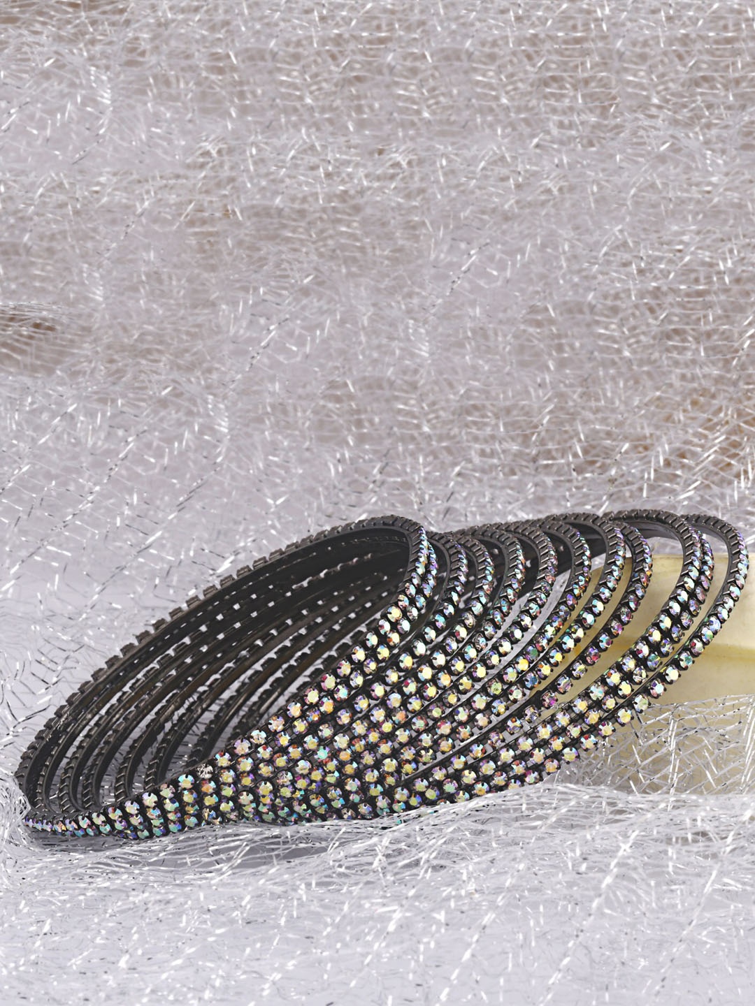 

Shining Diva Set Of 12 Gold Plated Crystal Studded Bangles, Grey