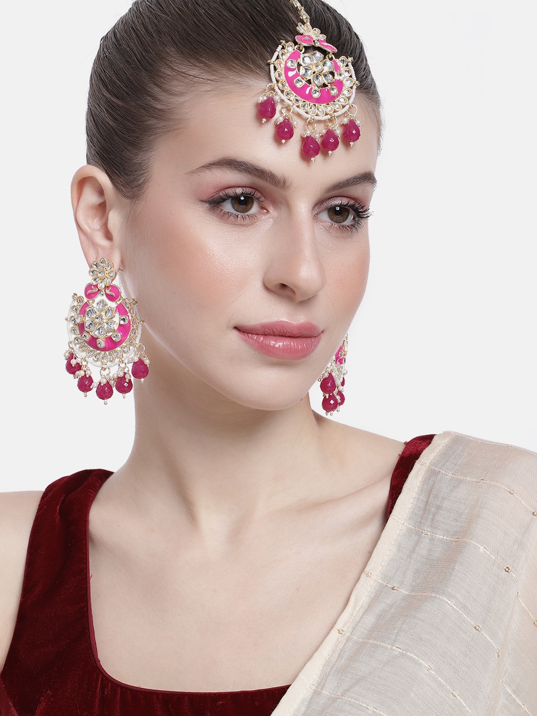 

Peora Women Gold-Plated Kundan Studded Dangle Earrings & Maangtikka Set, Pink