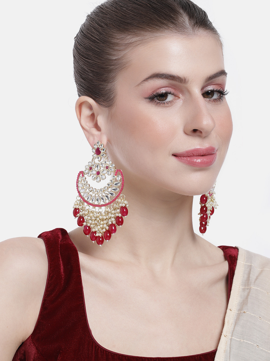 

Peora Gold-Plated Kundan Studded Crescent Shaped Chandbalis Earrings, Pink