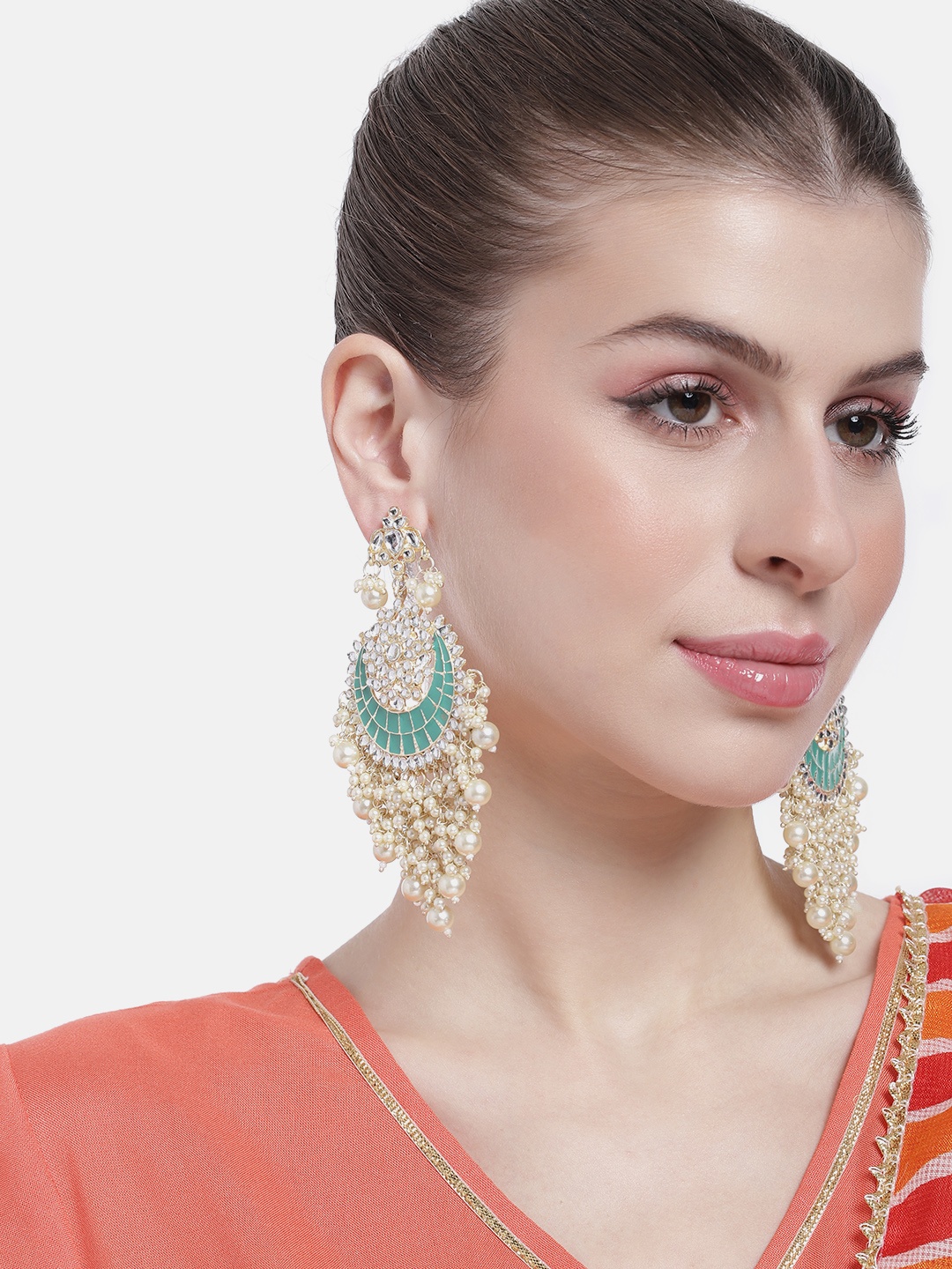 

Peora Women Gold-Plated Beaded Crescent Shaped Chandbalis Earrings, Sea green