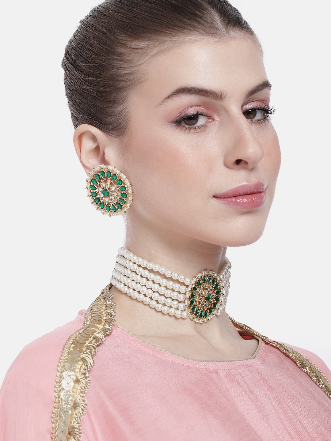 

Peora Women Gold-Plated Kundan Studded & Beaded Choker Necklace with Earrings, White