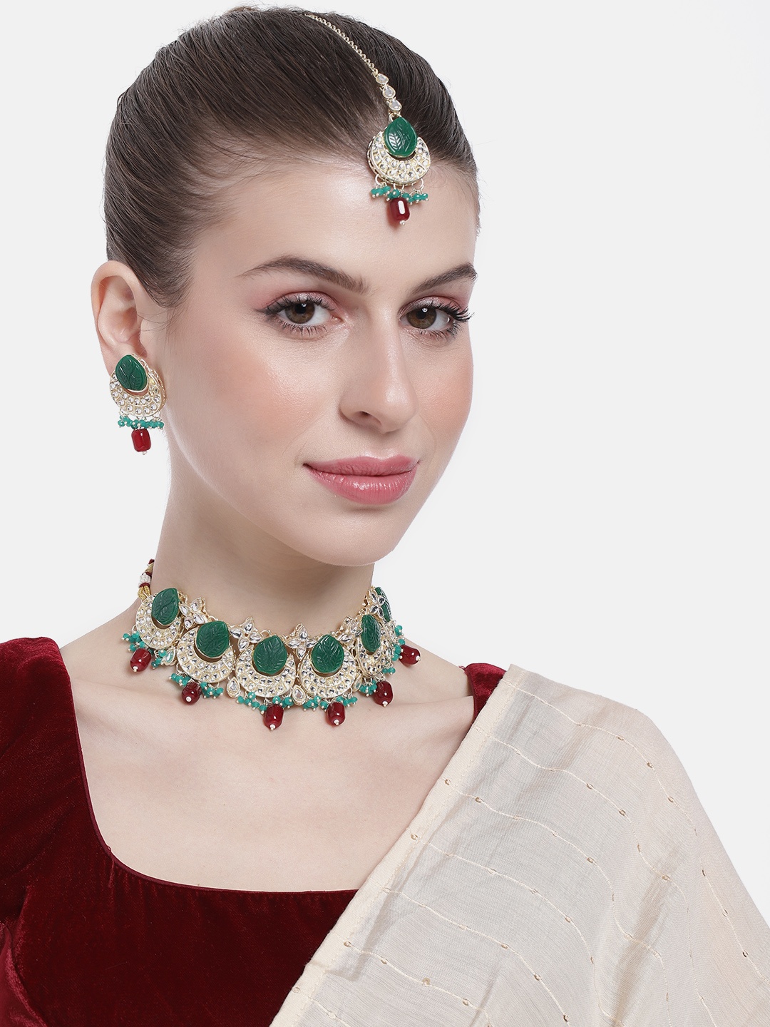 

Peora Women Gold-Plated Beads Studded Choker Necklace with Earrings, Maroon