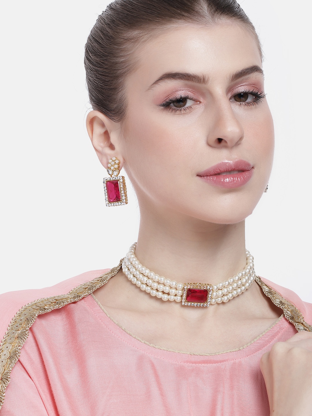 

Peora Gold-Plated Kundan-Studded & Beaded Jewellery Set, Pink