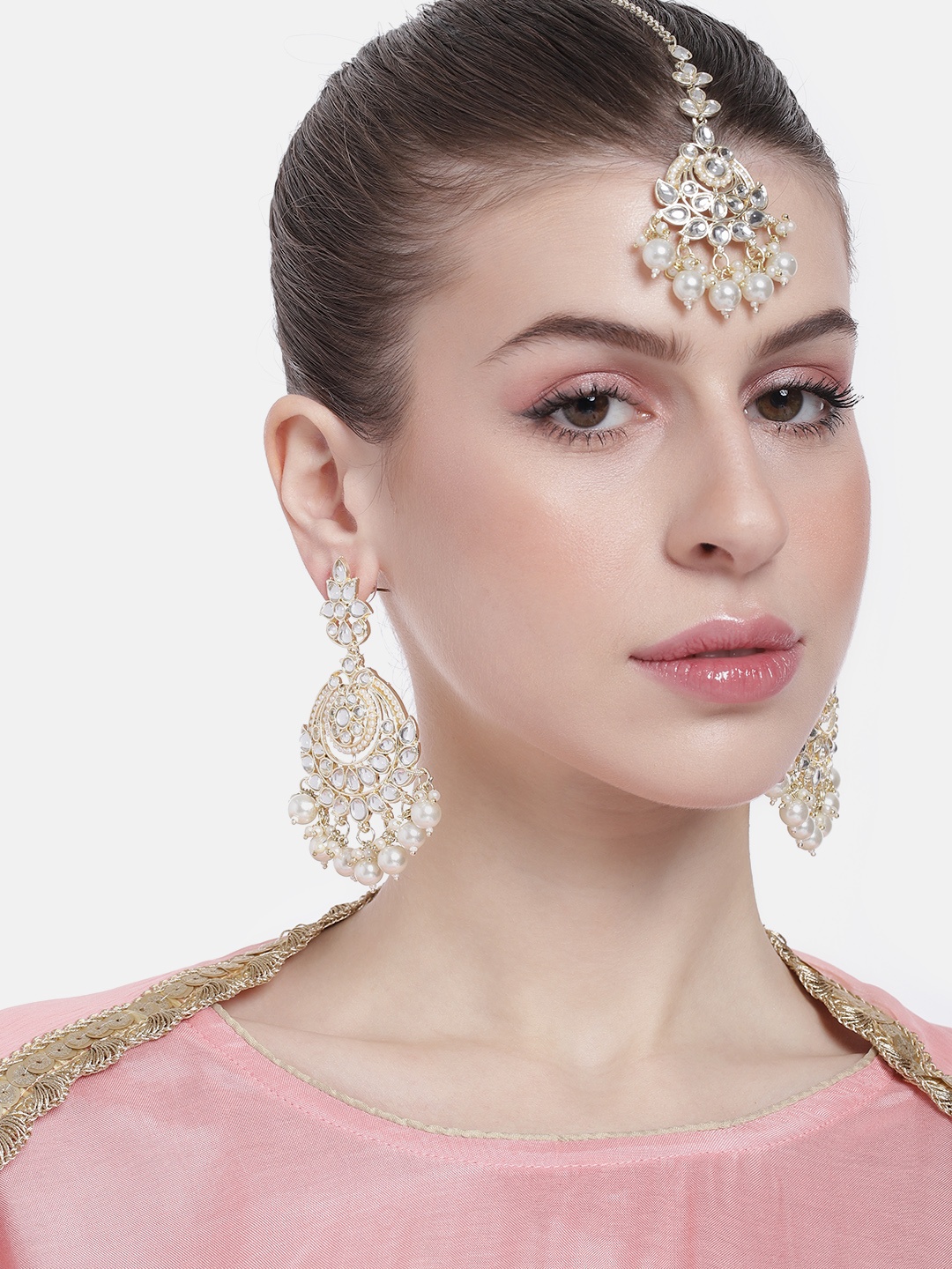 

Peora Women Gold-Plated Kundan Studded Dangle Earrings with Maangtikka Set, White