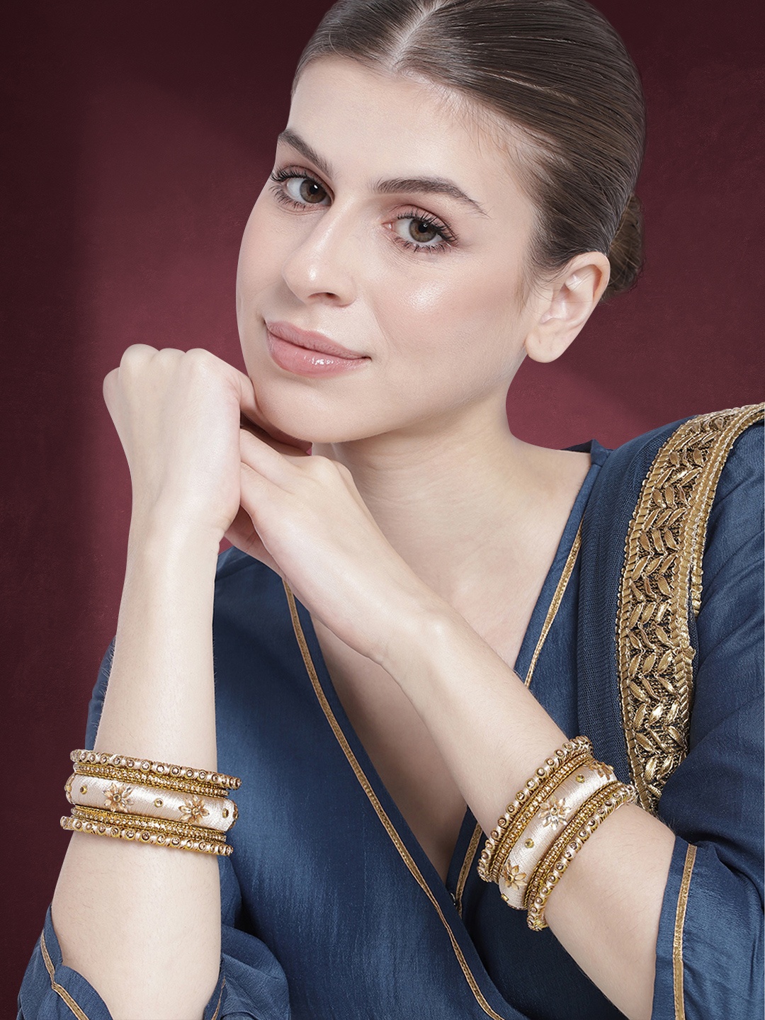 

Peora Women 10Pcs Gold-Plated Silk Thread Work & Stone Studded Bangles, Cream