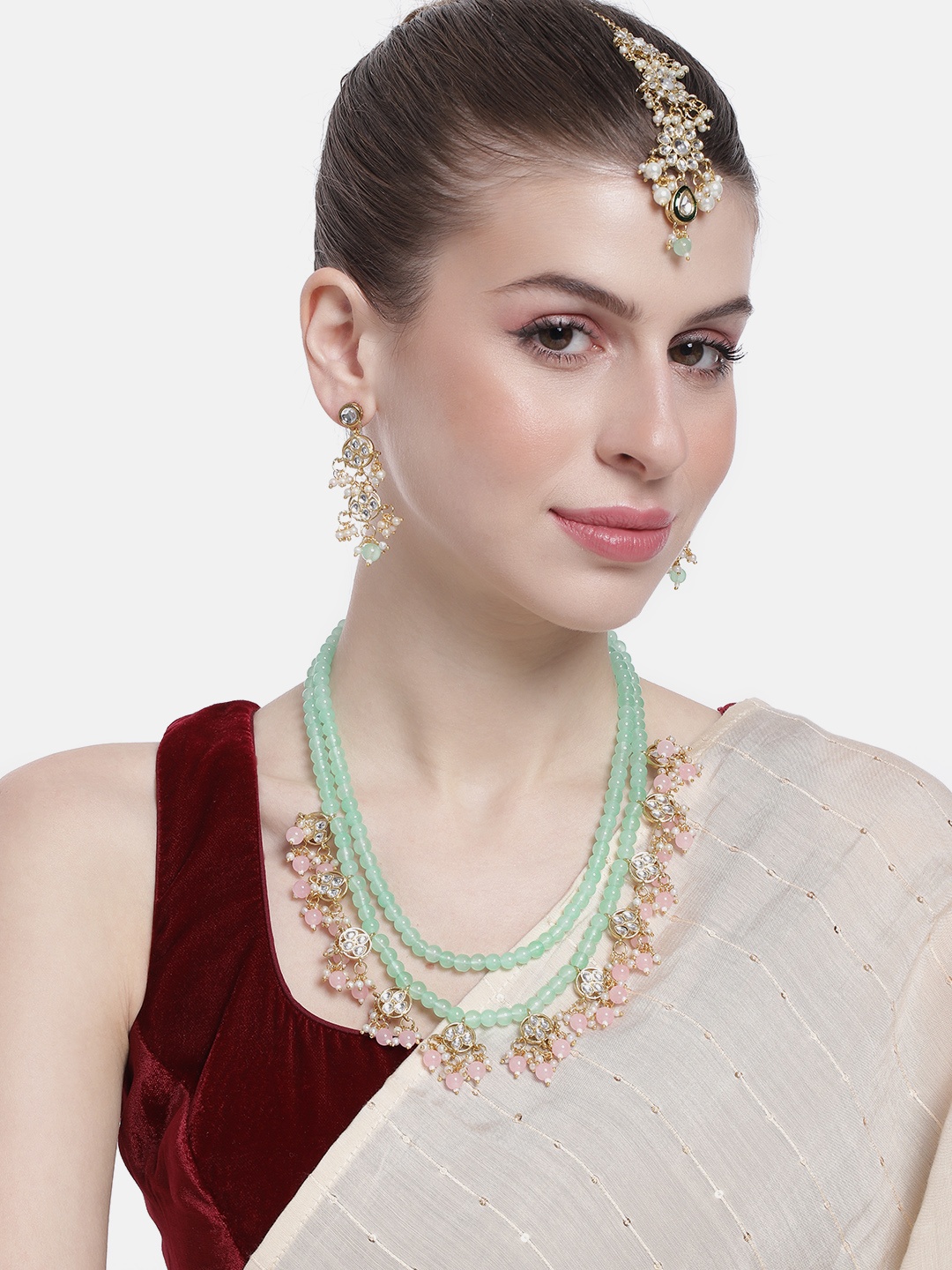 

Peora Women Gold-Plated Bead Studded Layered Necklace with Earrings and Maangtikka, Pink