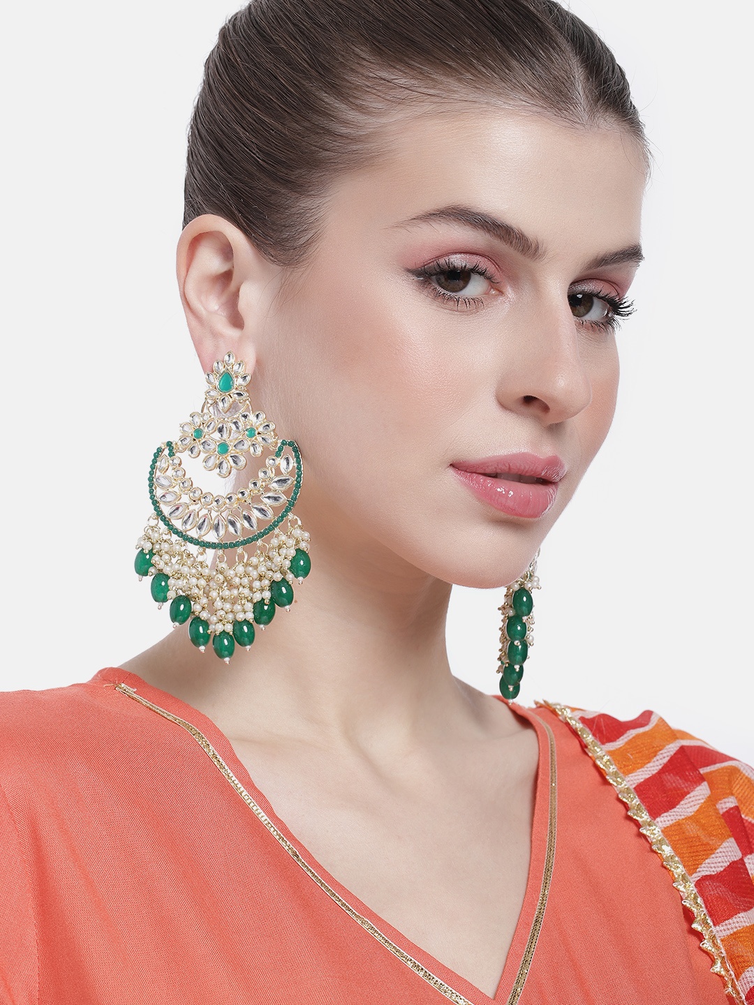 

Peora Women Kundan Studded Crescent Shaped Chandbalis Earrings, Green