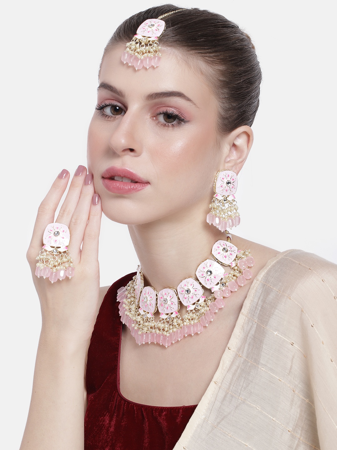 

Peora Gold-Plated Kundan-Studded Jewellery Set, Pink